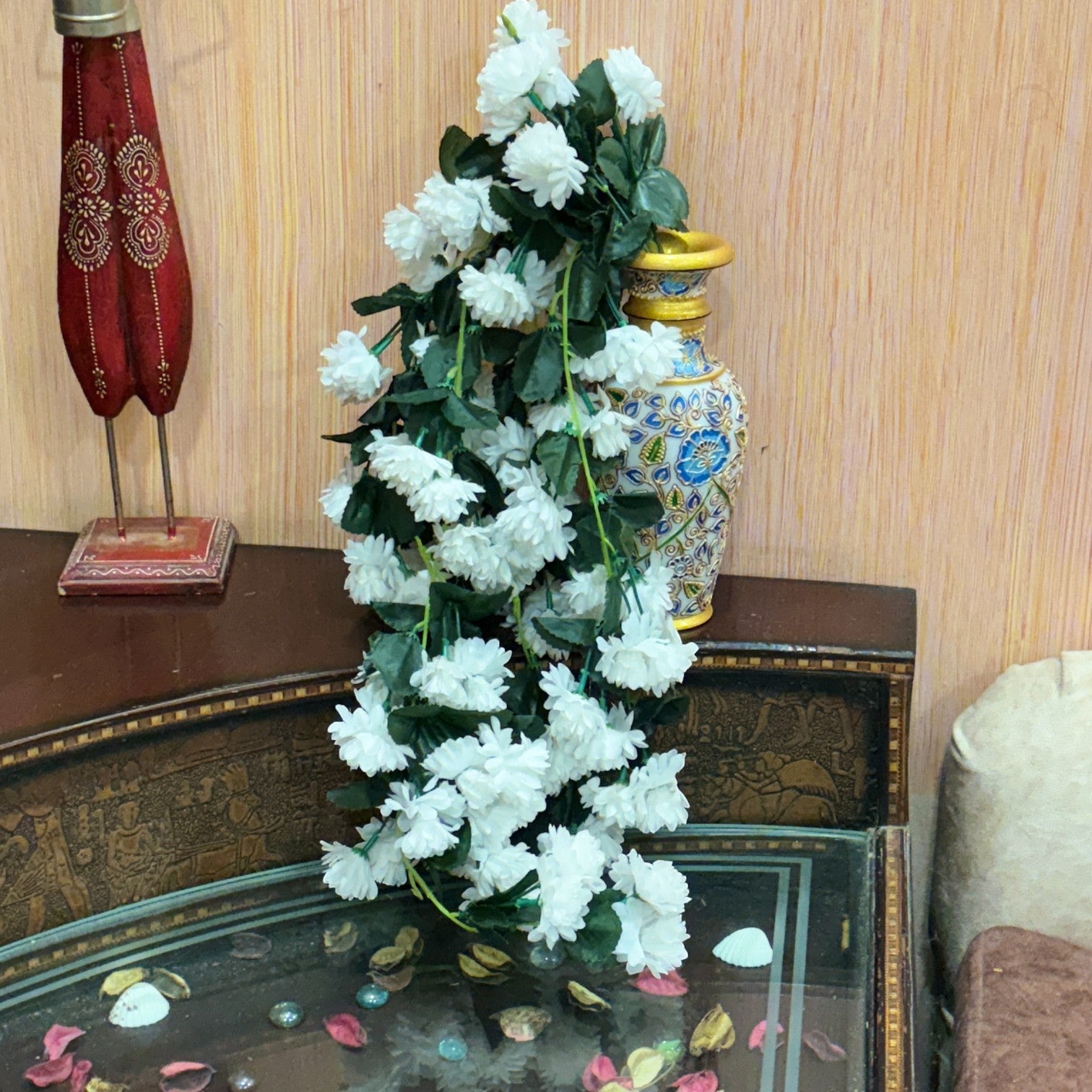 Hanging Bunch of Flowers | Faux Flower Vine with Leaves | Decorative Artificial Flower for Balcony, Living Room, Home Decor & Festive Diwali Decoration - 30 Inch - Apkamart #Color_White