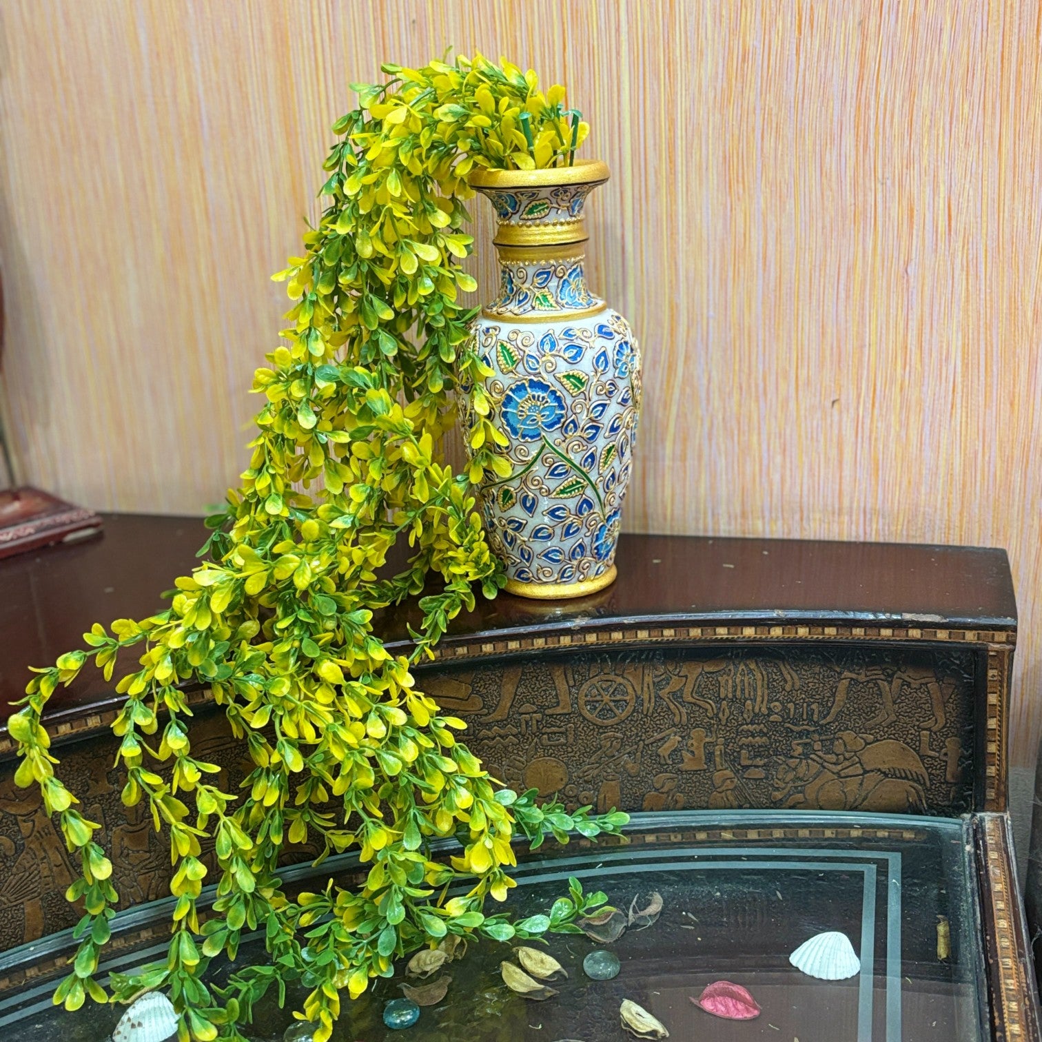 Artificial Hanging Vine | Green & Yellow Faux Leaf Garland Green Plant Bush for Creeper Decoration | Decorative Vine for Door, Temple, Diwali Decor & Home Decoration - 33 Inch - Apkamart #Style_Design 3