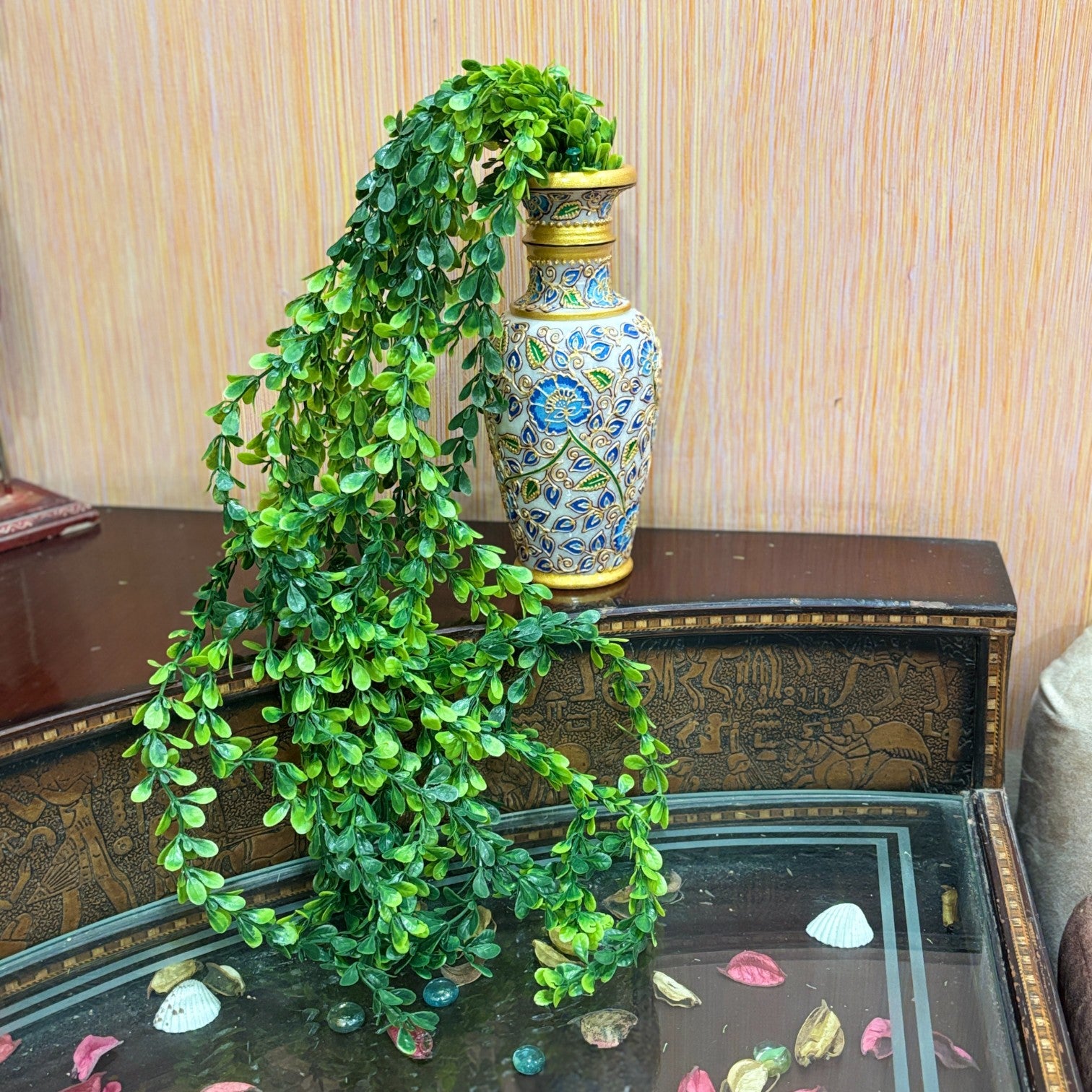 Artificial Hanging Vine | Green & Yellow Faux Leaf Garland Green Plant Bush for Creeper Decoration | Decorative Vine for Door, Temple, Diwali Decor & Home Decoration - 33 Inch - Apkamart #Style_Design 1