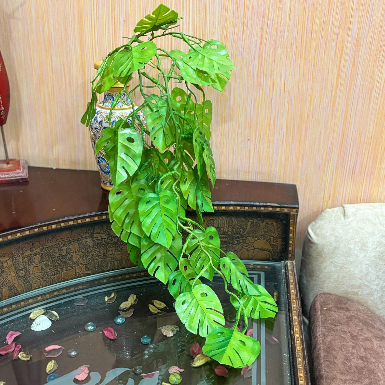 Artificial Hanging Leaf Bunch | Faux Leaf Garland Plant Bush for Creeper Decoration | Decorative Hanging Vine for Door, Balcony, Temple & Diwali Decor - 35 Inch - Apkamart #Style_Design 2