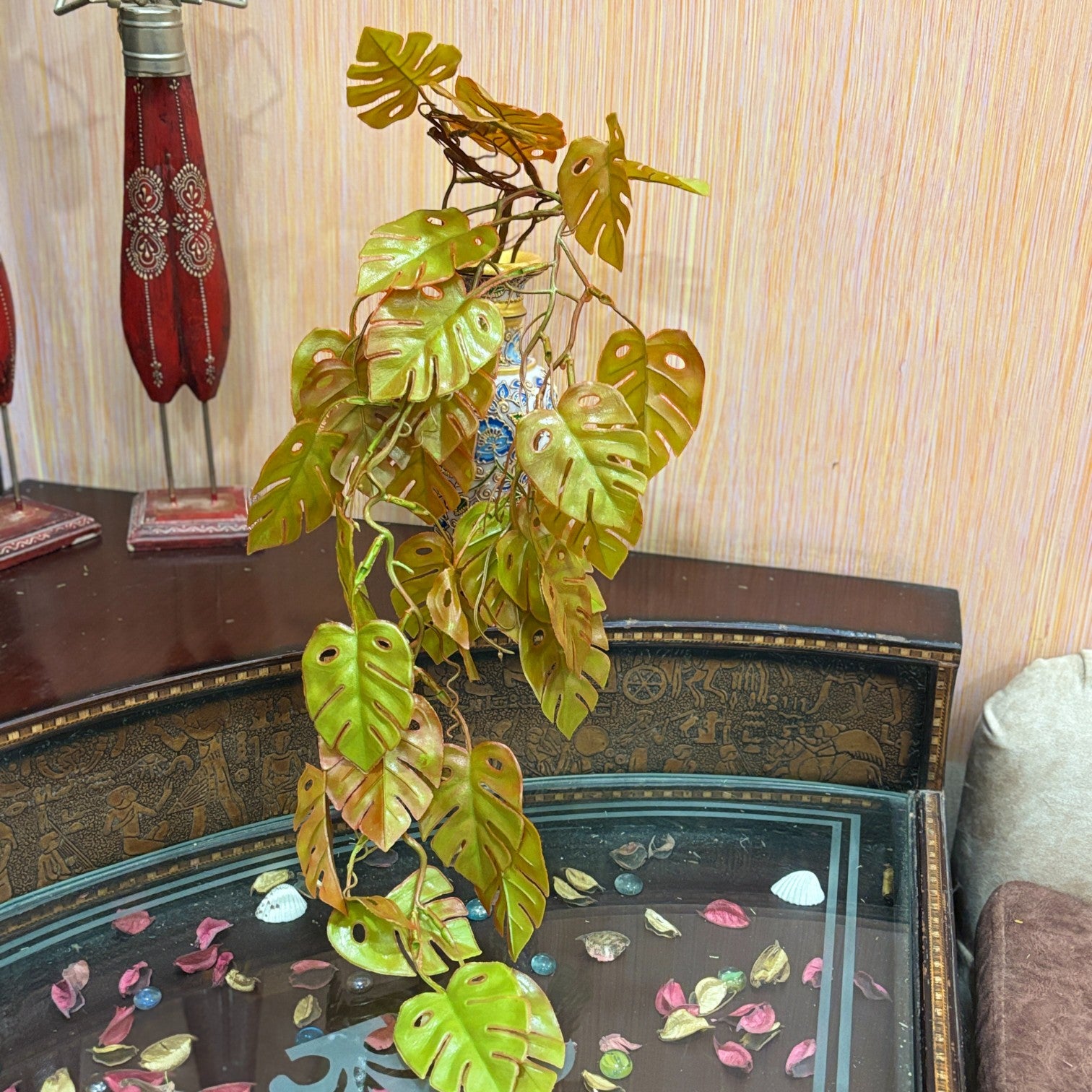 Artificial Hanging Leaf Bunch | Faux Leaf Garland Plant Bush for Creeper Decoration | Decorative Hanging Vine for Door, Balcony, Temple & Diwali Decor - 35 Inch - Apkamart #Style_Design 1