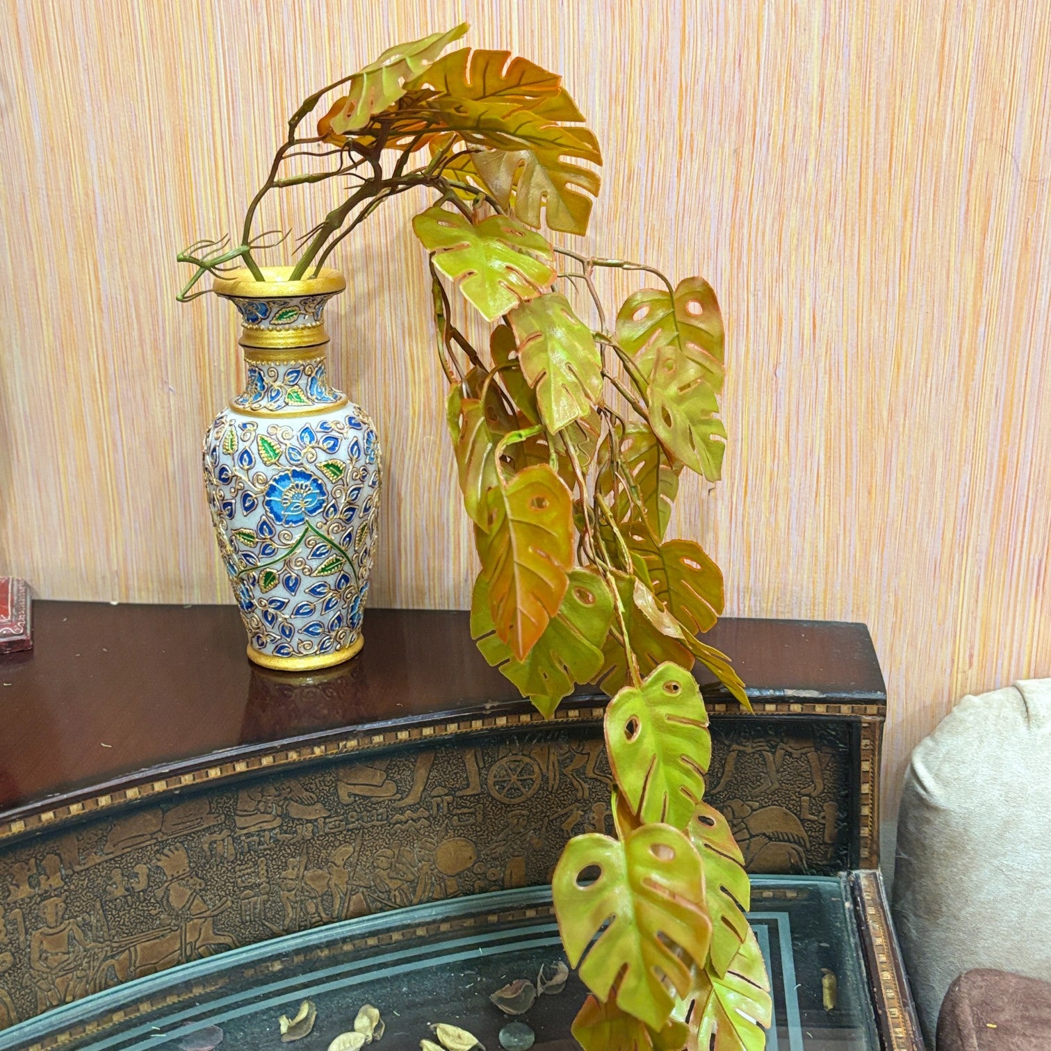 Artificial Hanging Leaf Bunch | Faux Leaf Garland Plant Bush for Creeper Decoration | Decorative Hanging Vine for Door, Balcony, Temple & Diwali Decor - 35 Inch - Apkamart #Style_Design 1