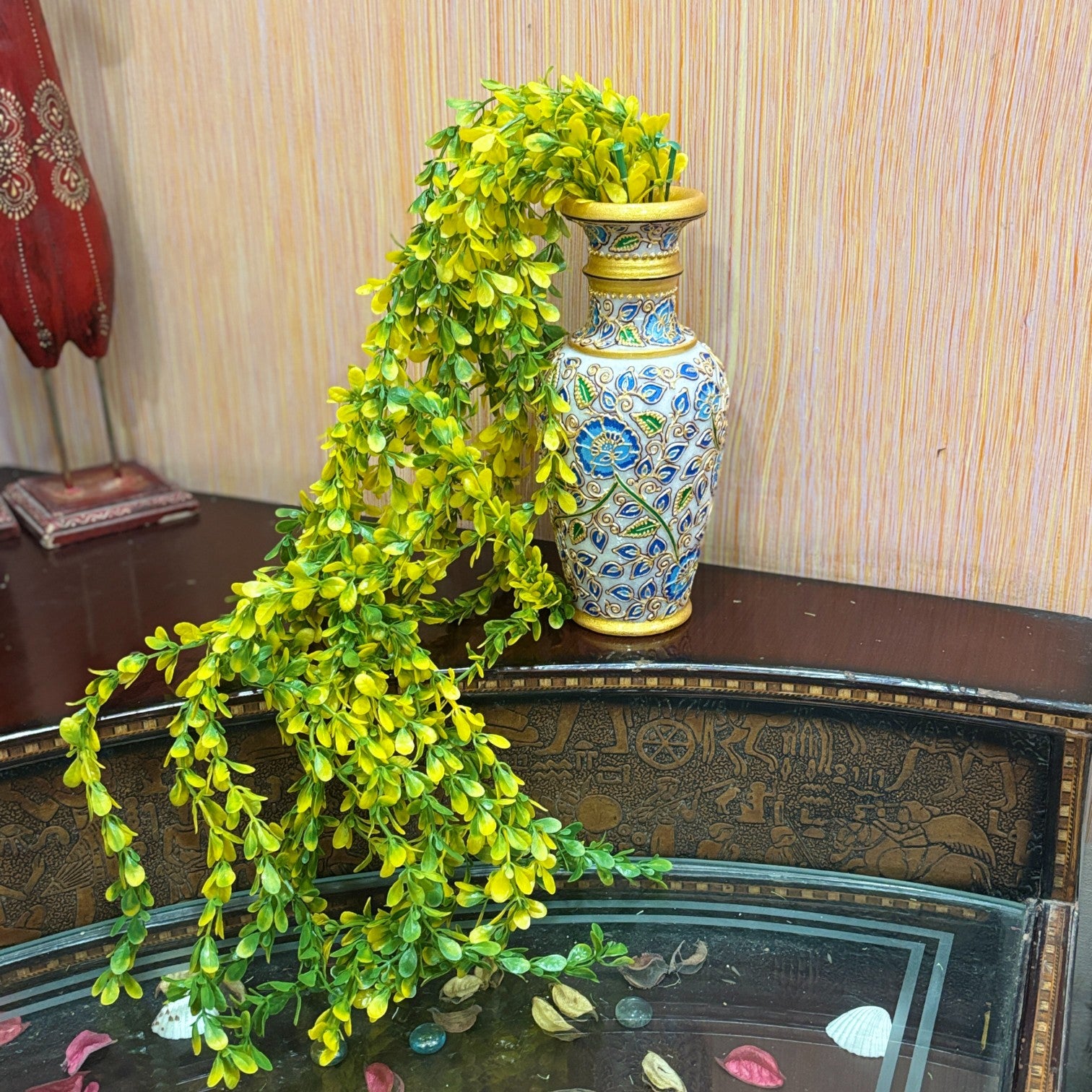 Artificial Hanging Vine | Green & Yellow Faux Leaf Garland Green Plant Bush for Creeper Decoration | Decorative Vine for Door, Temple, Diwali Decor & Home Decoration - 33 Inch - Apkamart #Style_Design 3