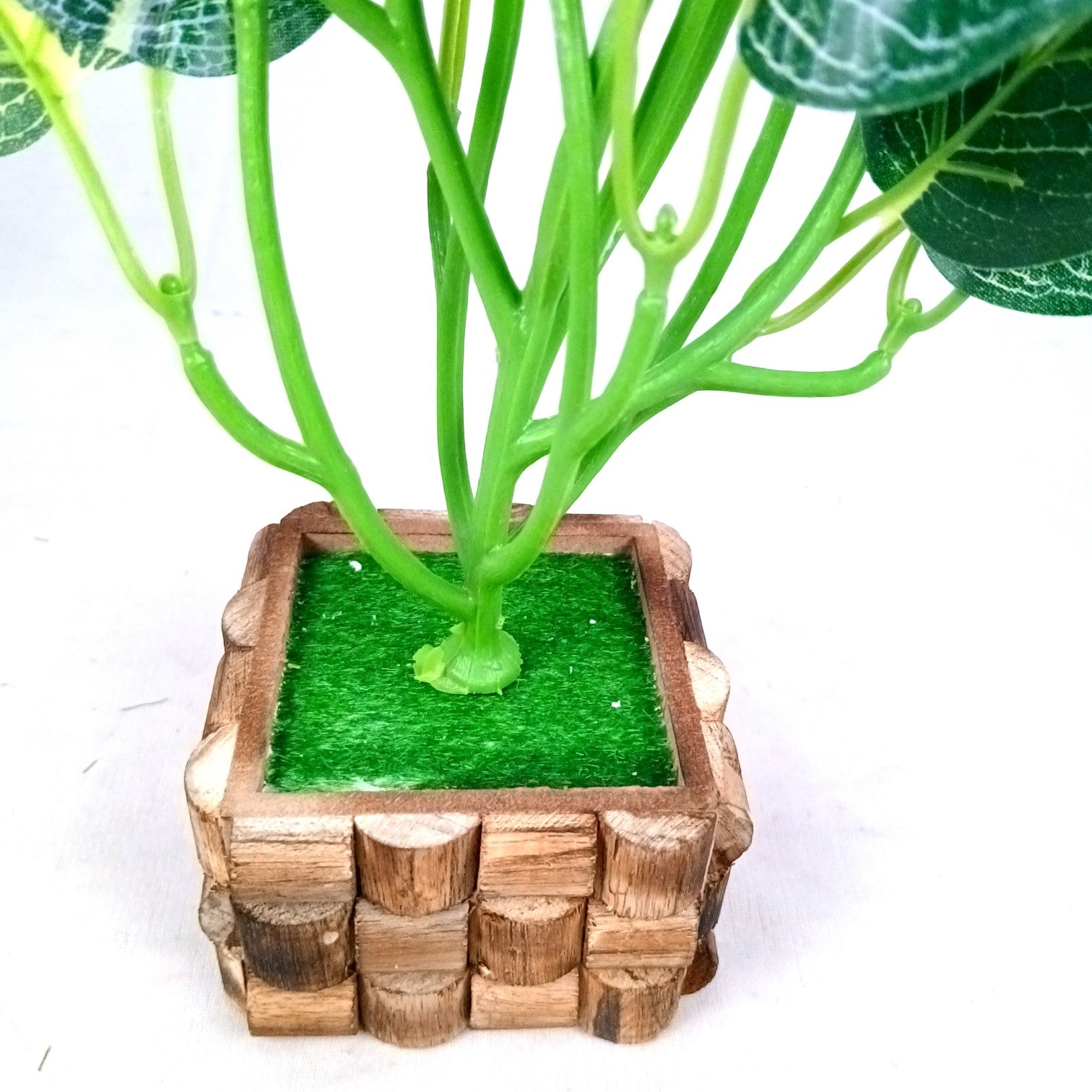 Artificial Leaf Bunch with Wooden Pot | Faux Vine Plant for Home Decor | Decorative Tabletop Indoor Plant for Living Room, Balcony, Office, Festive Decor & Gifting - 13 Inch - Apkamart #Style_Design 1
