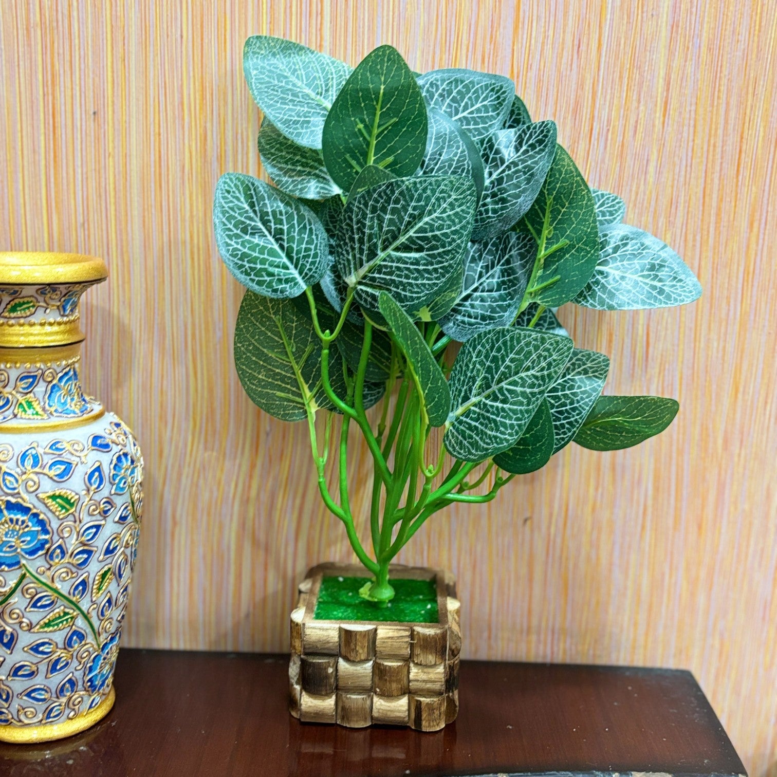 Artificial Leaf Bunch with Wooden Pot | Faux Vine Plant for Home Decor | Decorative Tabletop Indoor Plant for Living Room, Balcony, Office, Festive Decor & Gifting - 13 Inch - Apkamart #Style_Design 1