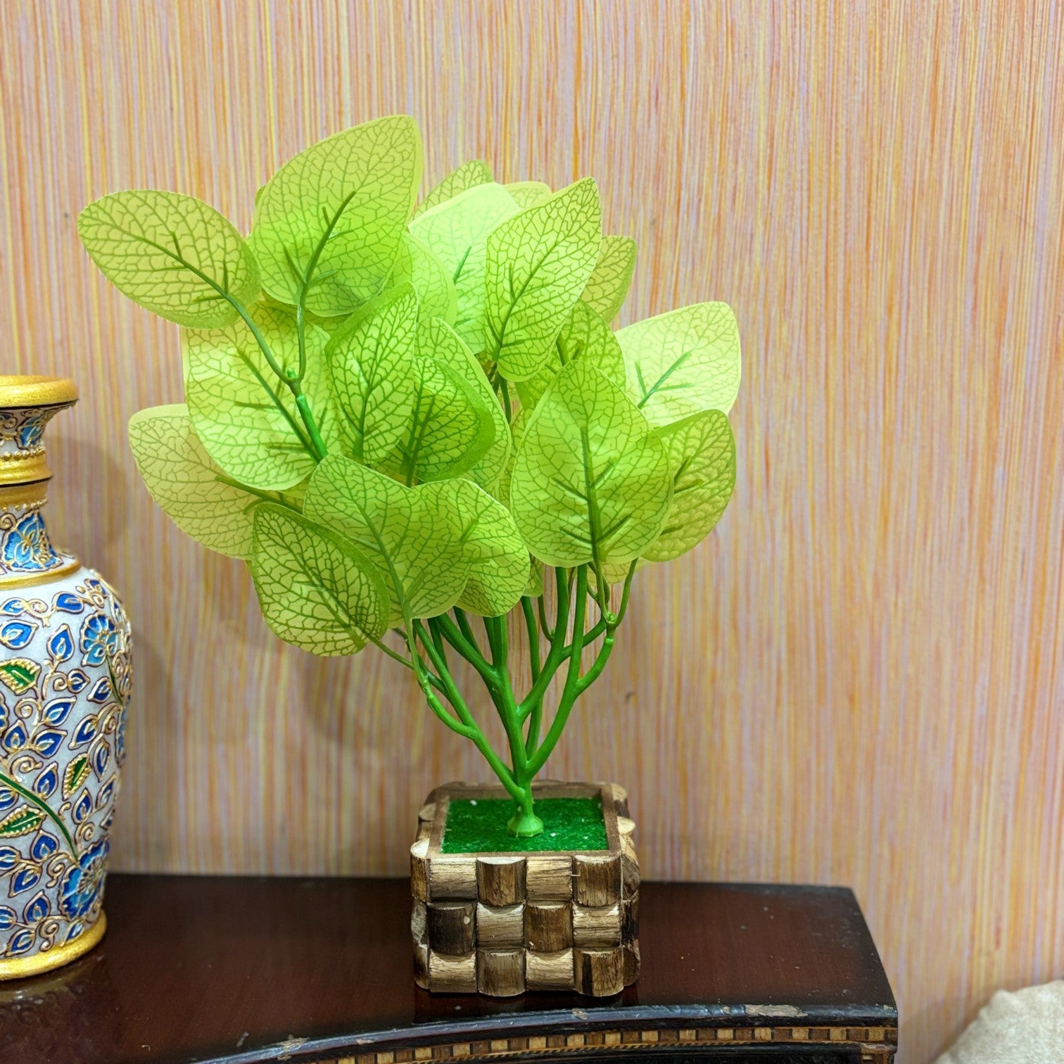 Artificial Leaf Bunch with Wooden Pot | Faux Potted Plant for Home Decor | Decorative Indoor & Outdoor Tabletop Plant for Living Room, Balcony, Office & Bedroom - 13 Inch - Apkamart #Style_Design 1