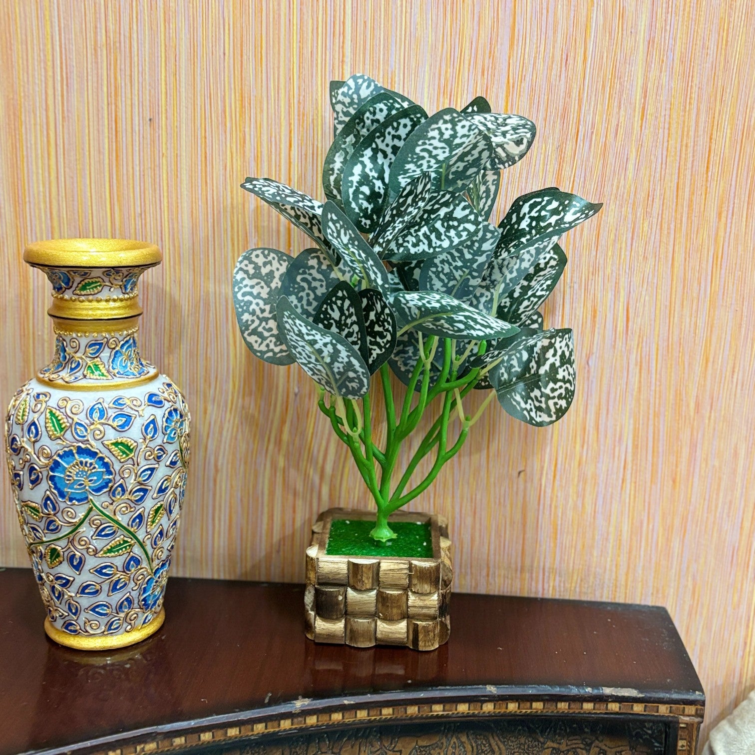 Artificial Leaf Bunch with Wooden Pot | Faux Vine Plant for Home Decor | Decorative Tabletop Indoor Plant for Living Room, Balcony, Office, Festive Decor & Gifting - 13 Inch - Apkamart #Style_Design 2