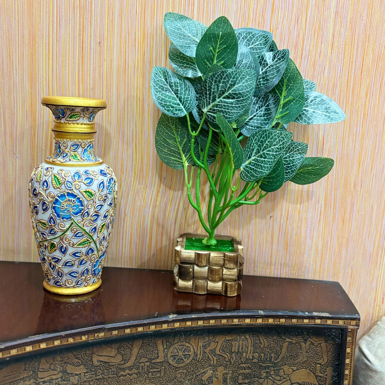 Artificial Leaf Bunch with Wooden Pot | Faux Vine Plant for Home Decor | Decorative Tabletop Indoor Plant for Living Room, Balcony, Office, Festive Decor & Gifting - 13 Inch - Apkamart #Style_Design 1