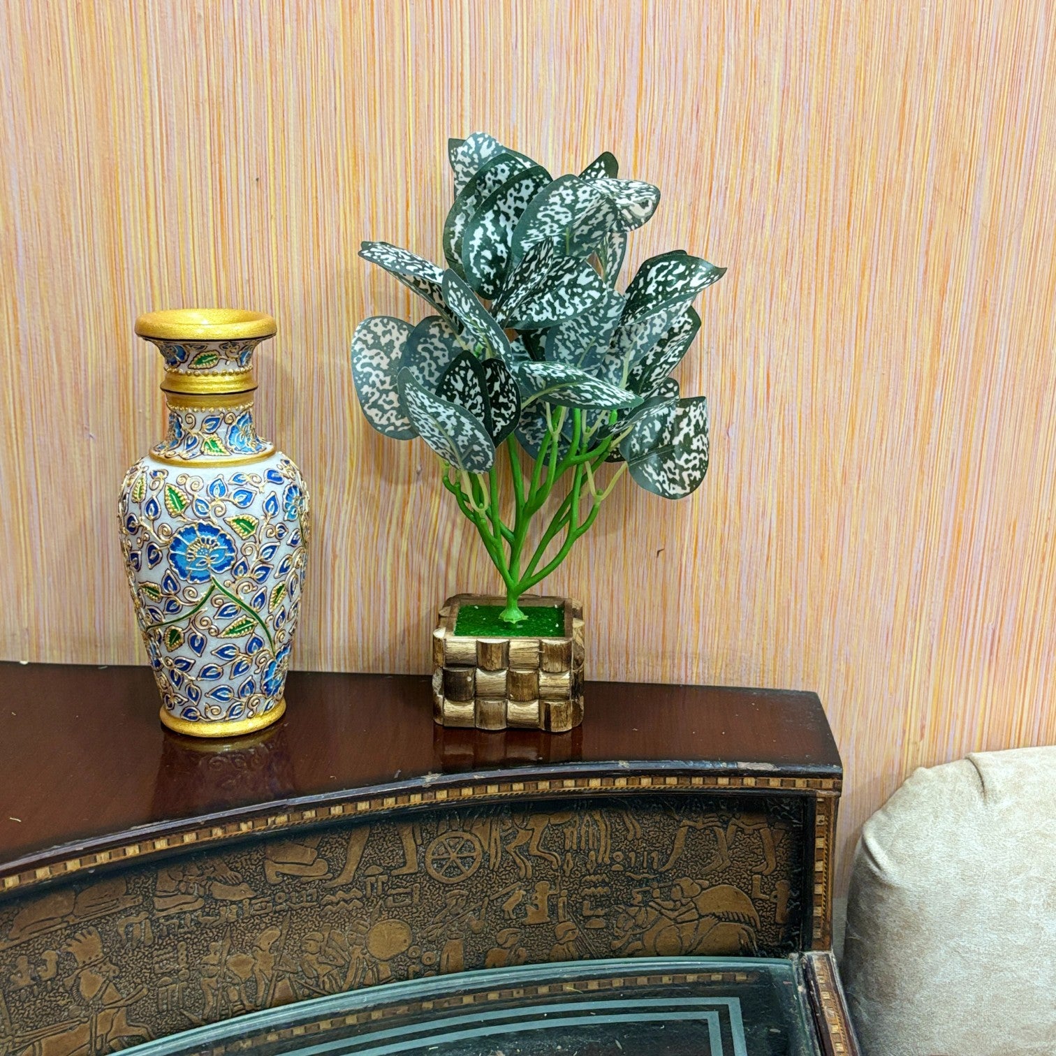 Artificial Leaf Bunch with Wooden Pot | Faux Vine Plant for Home Decor | Decorative Tabletop Indoor Plant for Living Room, Balcony, Office, Festive Decor & Gifting - 13 Inch - Apkamart #Style_Design 2