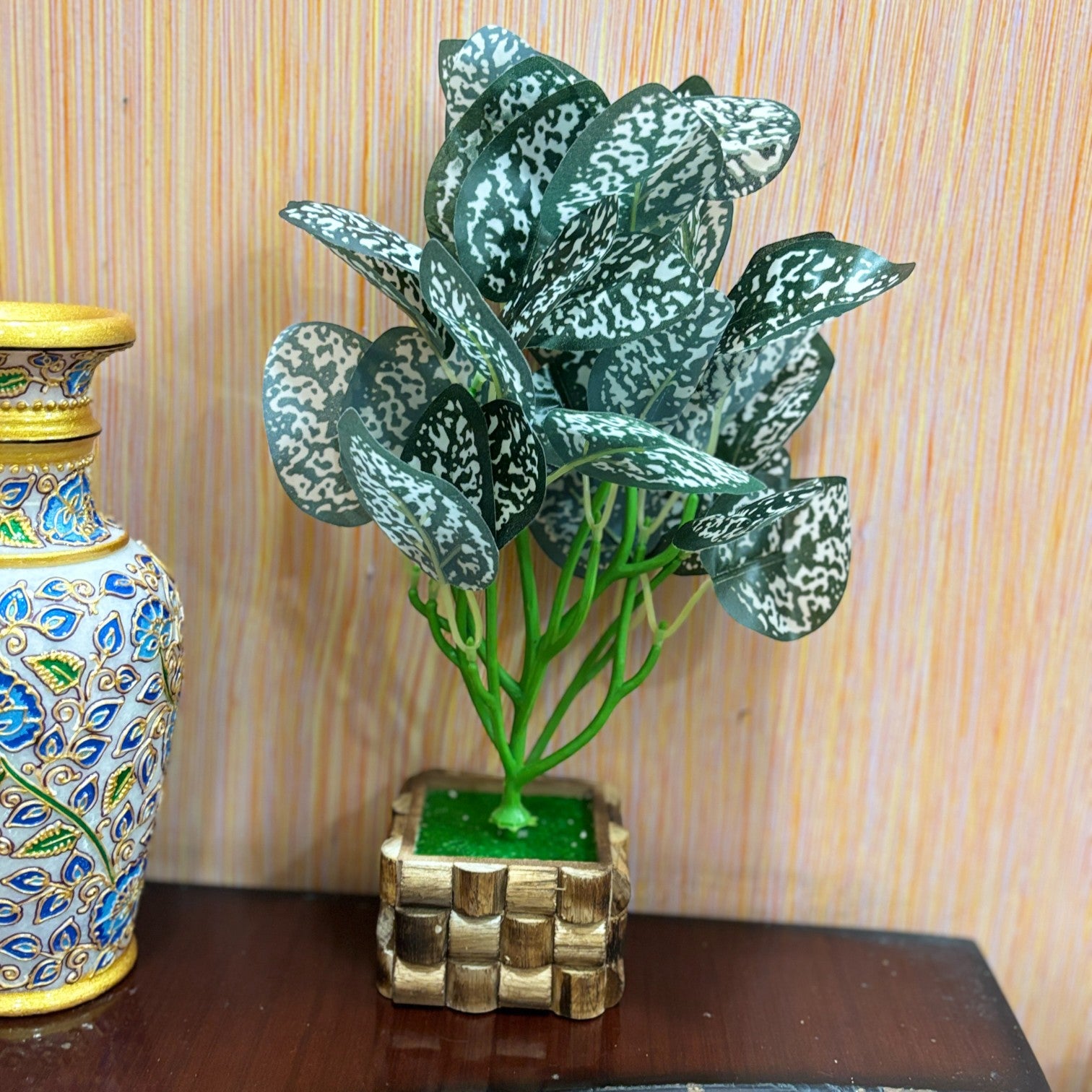 Artificial Leaf Bunch with Wooden Pot | Faux Vine Plant for Home Decor | Decorative Tabletop Indoor Plant for Living Room, Balcony, Office, Festive Decor & Gifting - 13 Inch - Apkamart #Style_Design 2