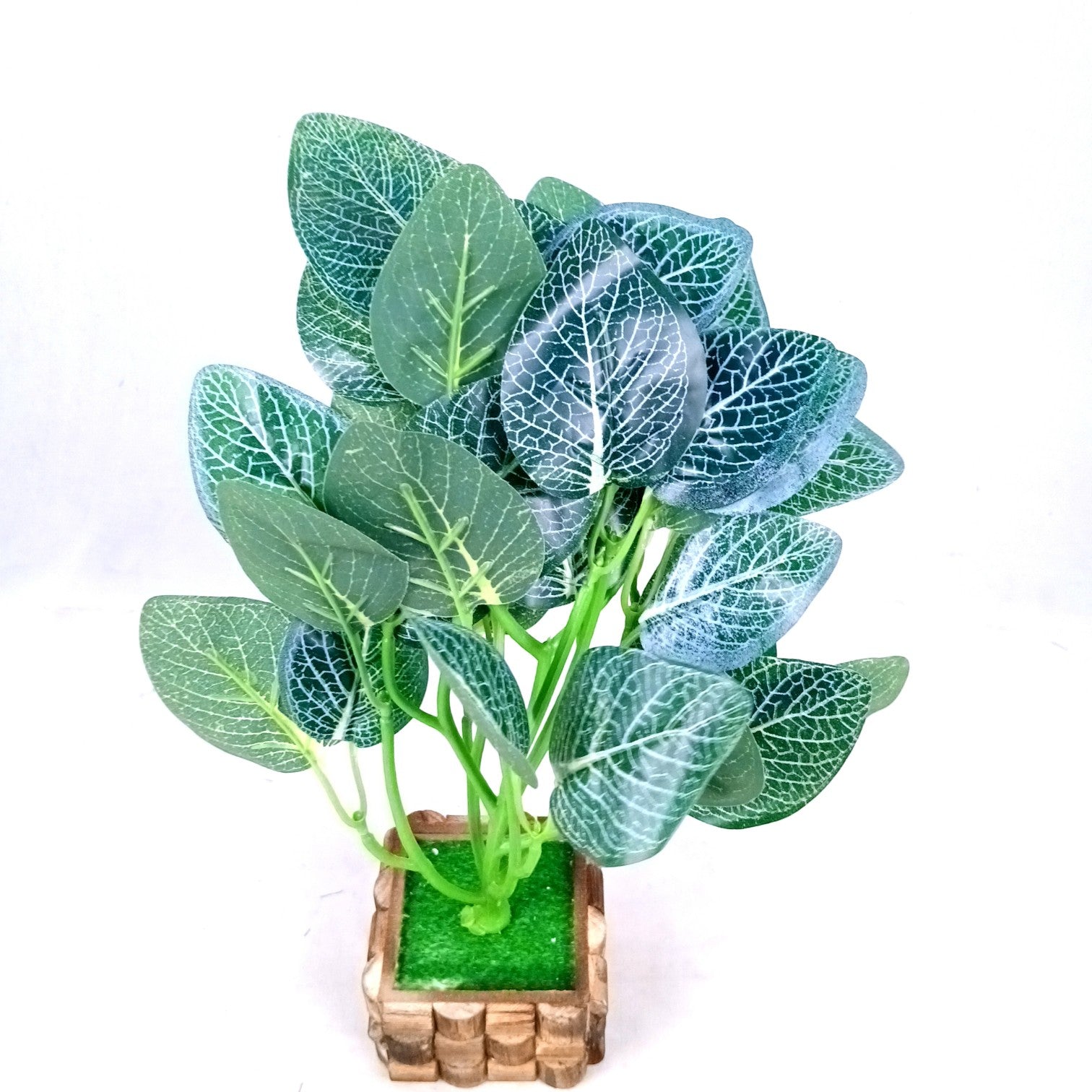Artificial Leaf Bunch with Wooden Pot | Faux Vine Plant for Home Decor | Decorative Tabletop Indoor Plant for Living Room, Balcony, Office, Festive Decor & Gifting - 13 Inch - Apkamart #Style_Design 1