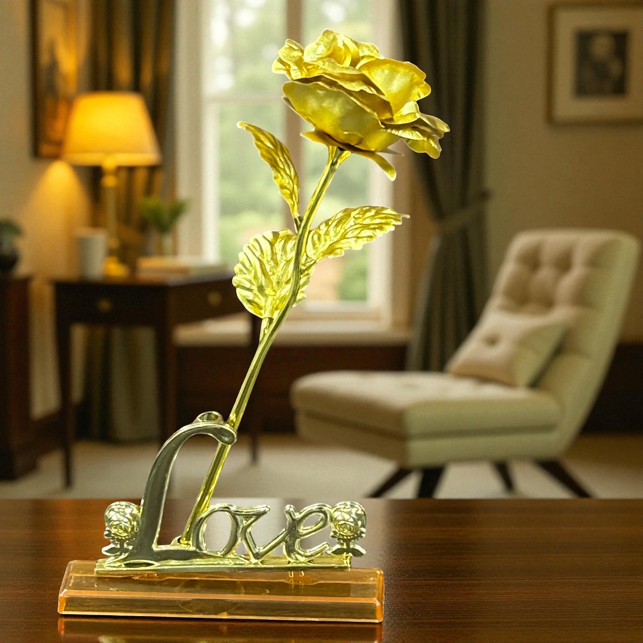 Artificial Golden Rose Flower | Valentine Gift for Girlfriend, Wife & Loved Ones | Decorative Golden Metal Rose for Anniversary, Birthday & Romantic Gift - 10 Inch - Apkamart