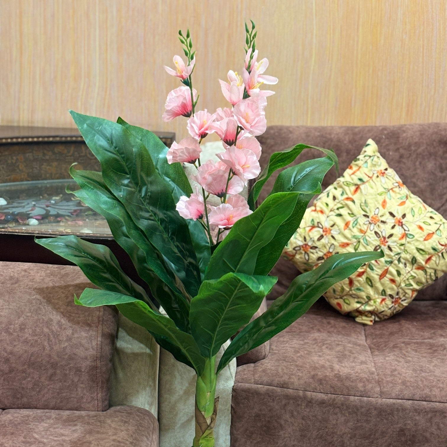 Artificial Leaf Tree with Flowers | Faux Leaf Vine Plant | Decorative Green Plant for Home Balcony Living Room Office Indoor | Diwali Decor & Gifting - 45 Inch - Apkamart #Color_Pink