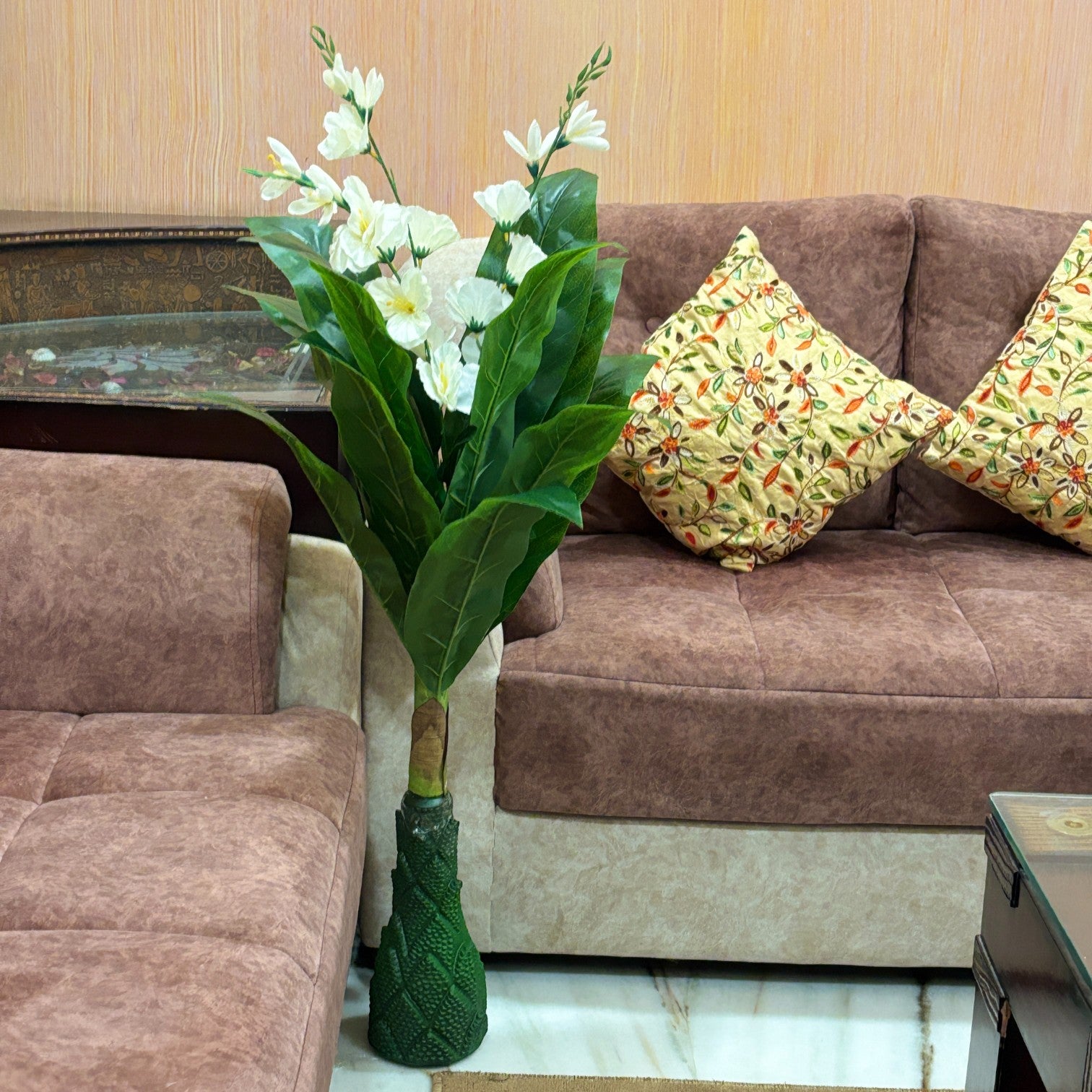 Artificial Green Leaf Tree with Flowers | Faux Decorative Plant for Home, Office & Balcony | Artificial Leaf Tree for Living Room, Bedroom, Patio, Garden - 45 Inch - Apkamart #Color_White