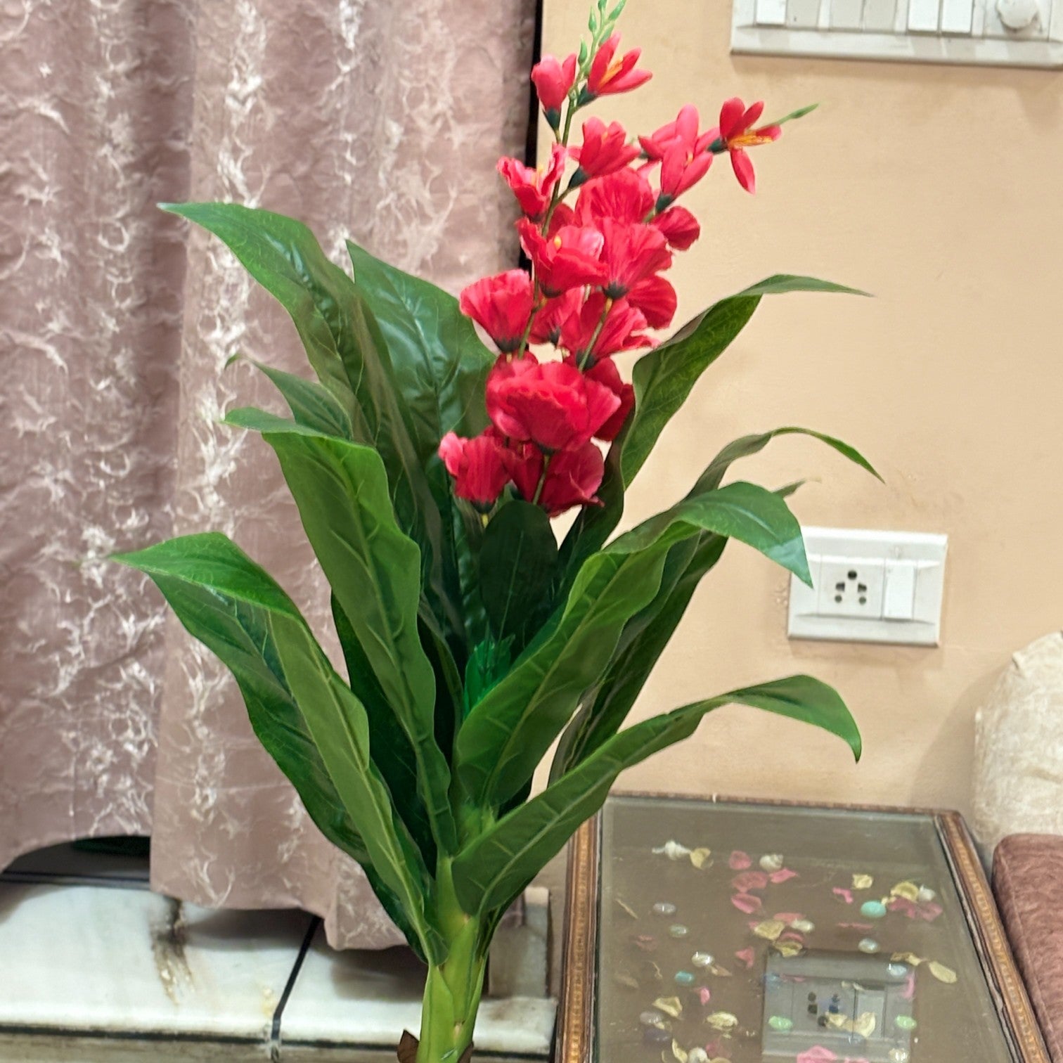 Artificial Green Leaf Tree with Flowers | Faux Decorative Plant for Home, Office & Balcony | Artificial Leaf Tree for Living Room, Bedroom, Patio, Garden - 45 Inch - Apkamart #Color_Pink