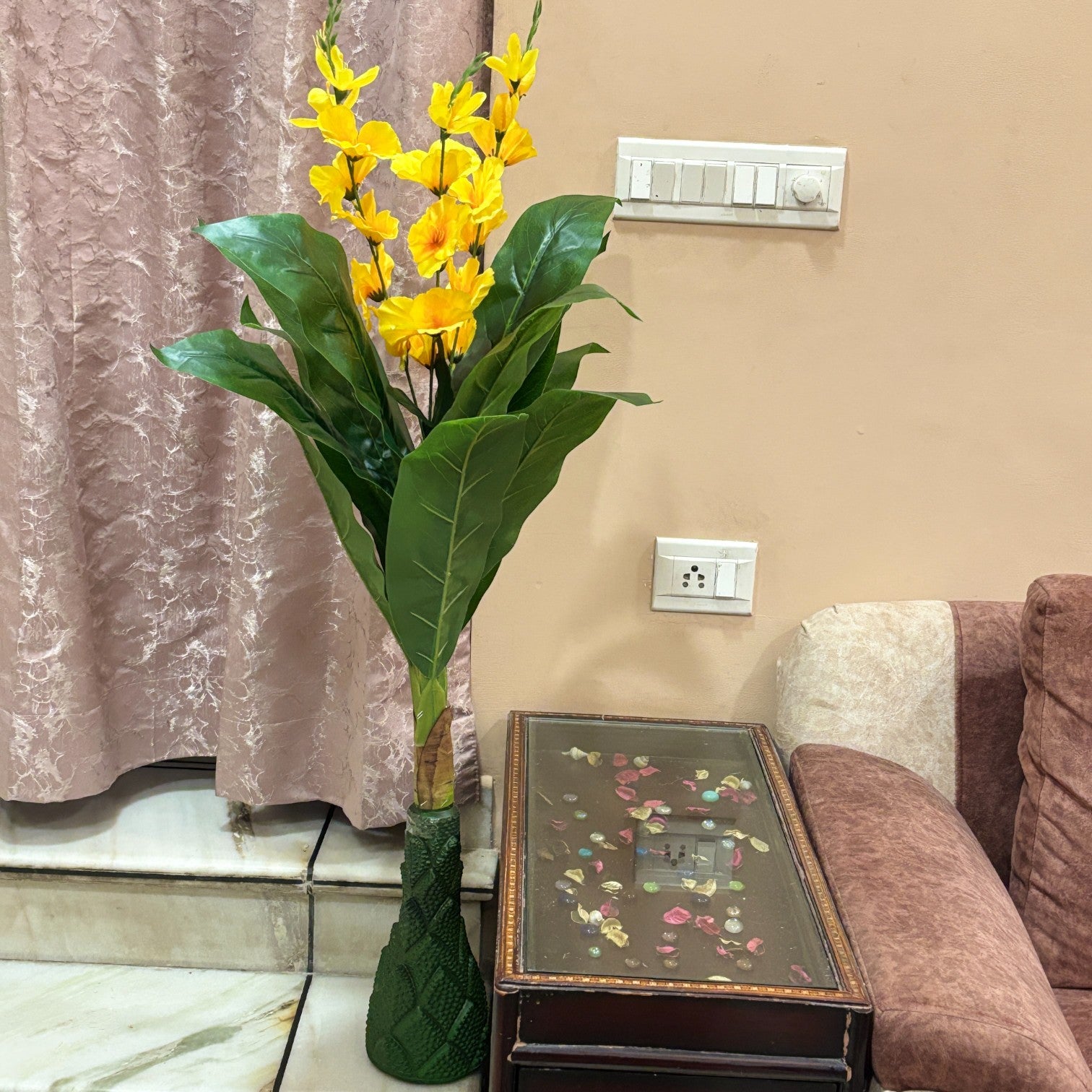 Artificial Leaf Tree with Flowers | Faux Leaf Vine Plant | Decorative Green Plant for Home Balcony Living Room Office Indoor | Diwali Decor & Gifting - 45 Inch - Apkamart #Color_Yellow