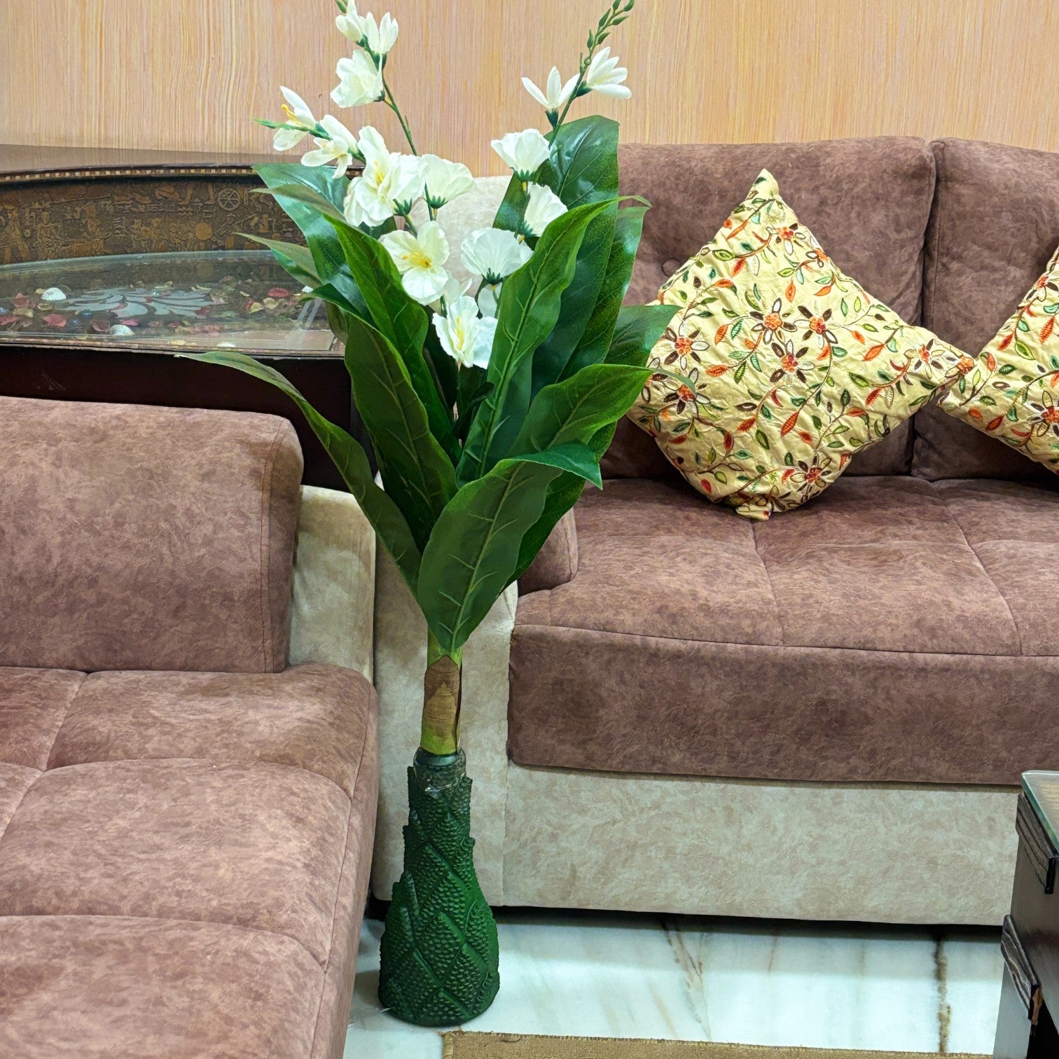 Artificial Green Leaf Tree with Flowers | Faux Decorative Plant for Home, Office & Balcony | Artificial Leaf Tree for Living Room, Bedroom, Patio, Garden - 45 Inch - Apkamart #Color_White