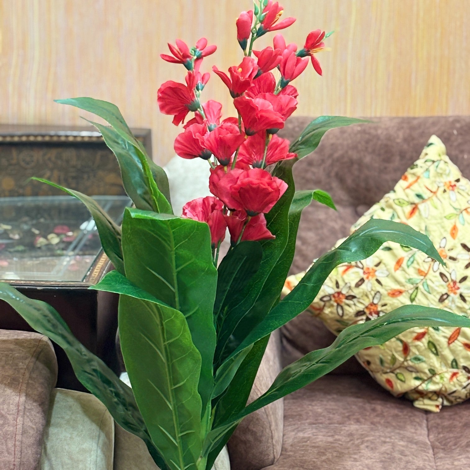 Artificial Green Leaf Tree with Flowers | Faux Decorative Plant for Home, Office & Balcony | Artificial Leaf Tree for Living Room, Bedroom, Patio, Garden - 45 Inch - Apkamart #Color_Pink