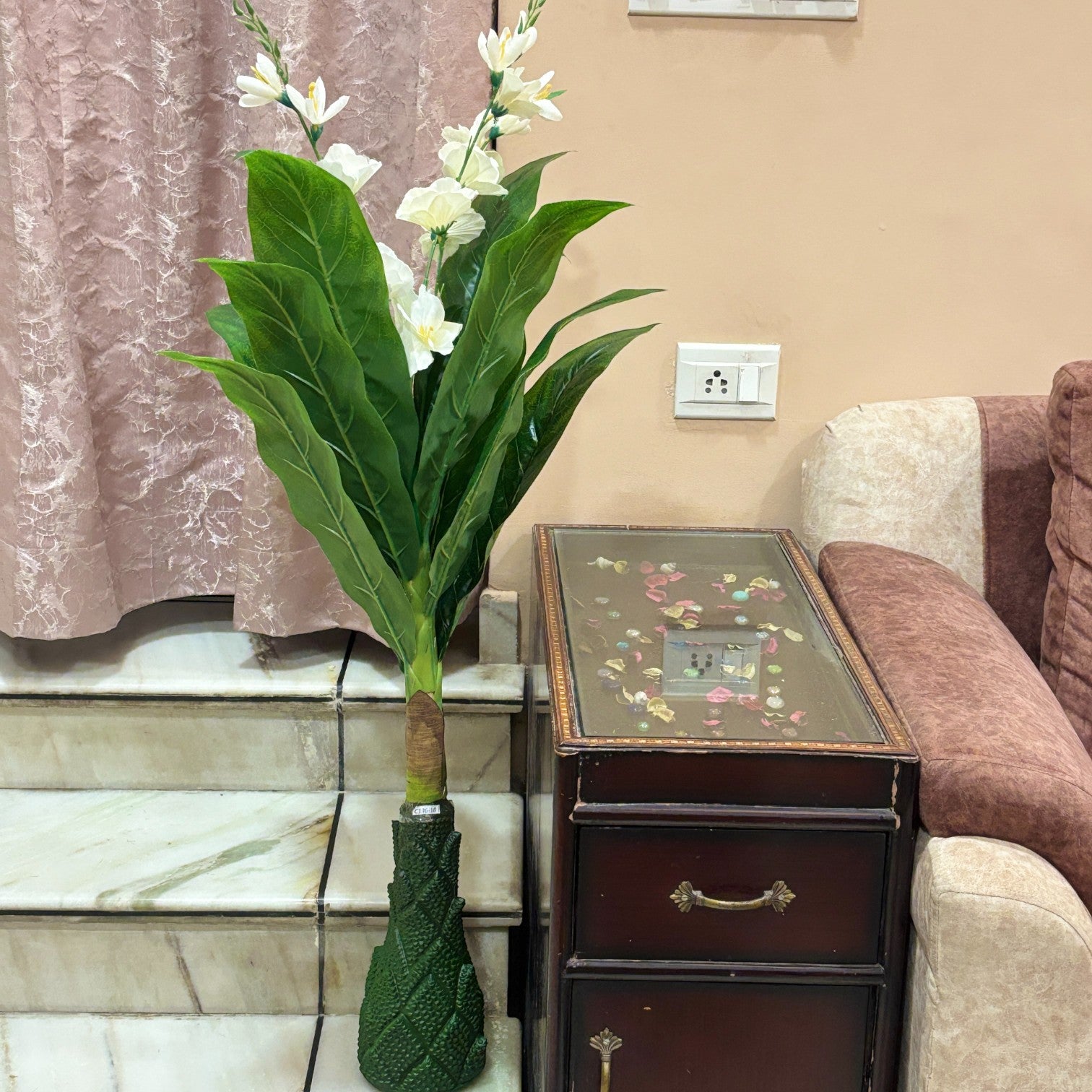 Artificial Green Leaf Tree with Flowers | Faux Decorative Plant for Home, Office & Balcony | Artificial Leaf Tree for Living Room, Bedroom, Patio, Garden - 45 Inch - Apkamart #Color_White