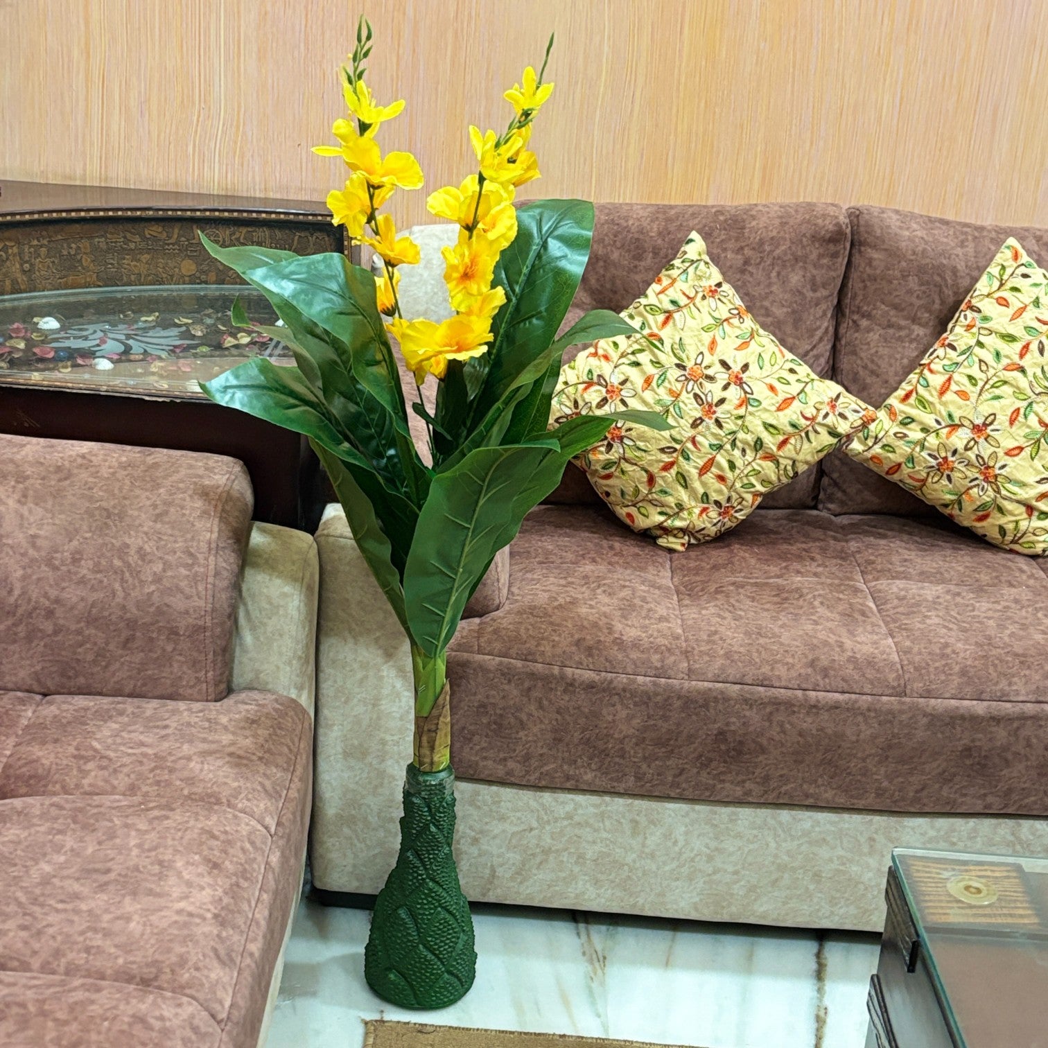 Artificial Leaf Tree with Flowers | Faux Leaf Vine Plant | Decorative Green Plant for Home Balcony Living Room Office Indoor | Diwali Decor & Gifting - 45 Inch - Apkamart #Color_Yellow