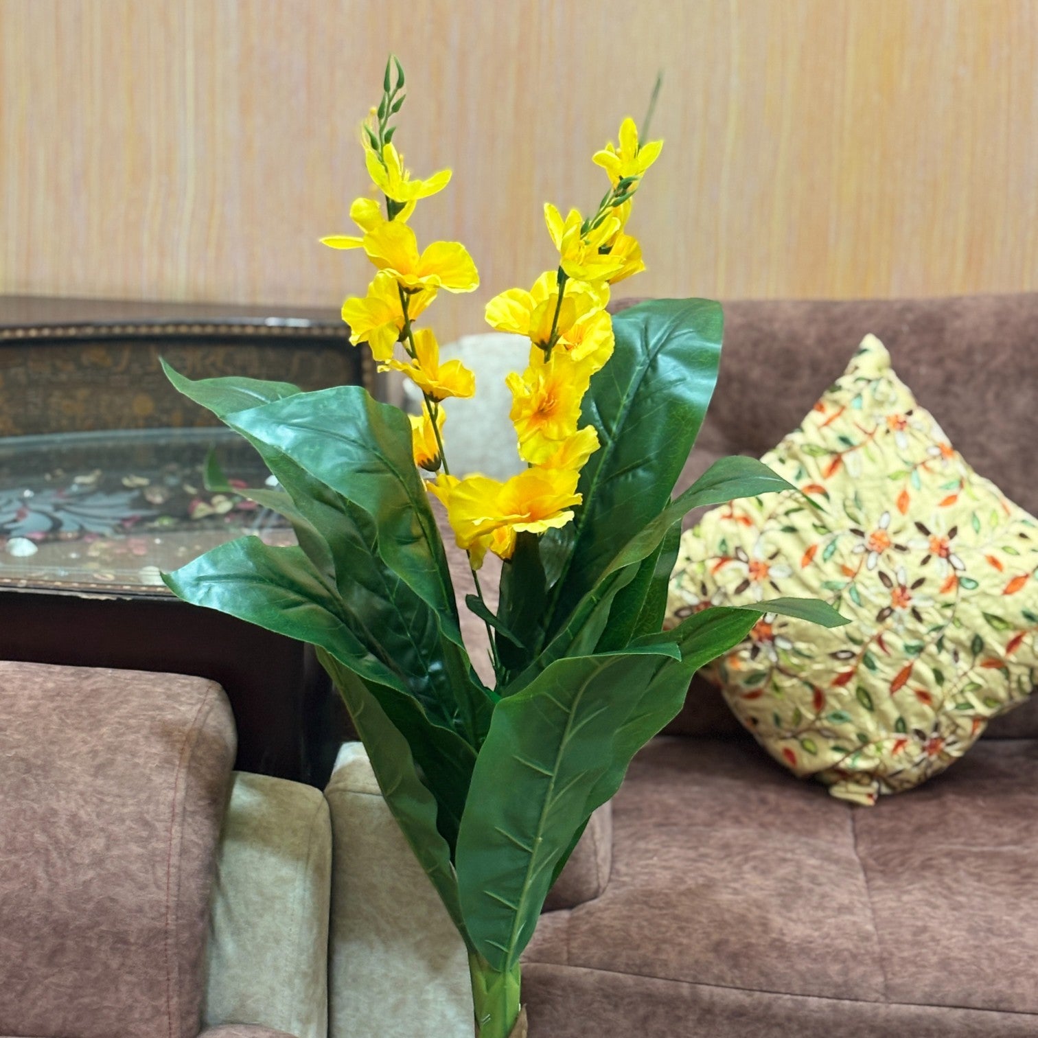 Artificial Leaf Tree with Flowers | Faux Leaf Vine Plant | Decorative Green Plant for Home Balcony Living Room Office Indoor | Diwali Decor & Gifting - 45 Inch - Apkamart #Color_Yellow