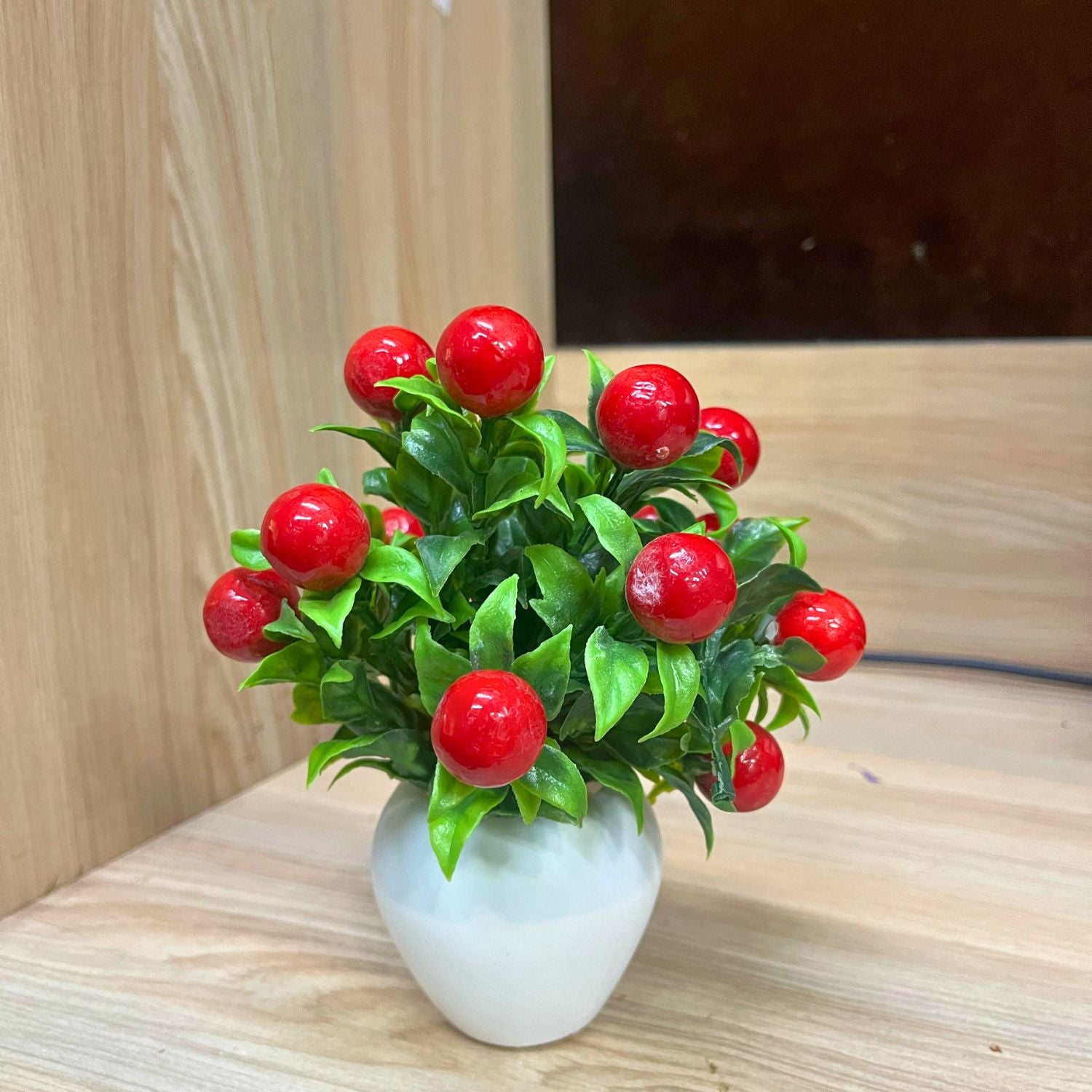 Artificial Plant with Pot - Cherry Shrub | Decorative Artificial Indoor Flowers - for Home Decor, Living Room, Office Desk, Garden & Balcony - 6 Inch - Apkamart #Style_Design 1
