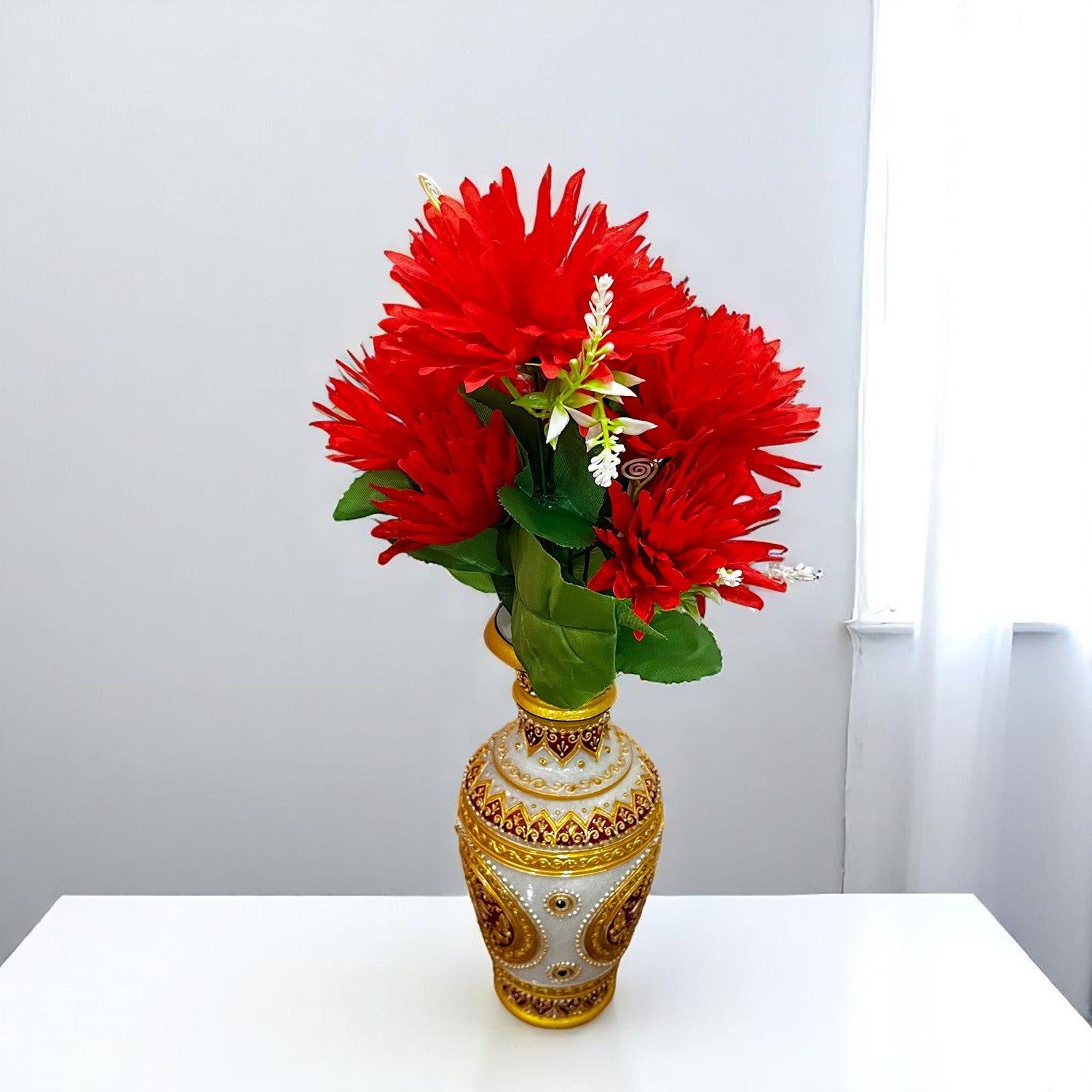Artificial Flowers Dahlia Bunches for Vase Pot | Faux Flowers Stick - for Home Decor, Living Room, Wedding & Party Decoration  (Vase Not Included) - 15 Inch - Apkamart #Colour_Red