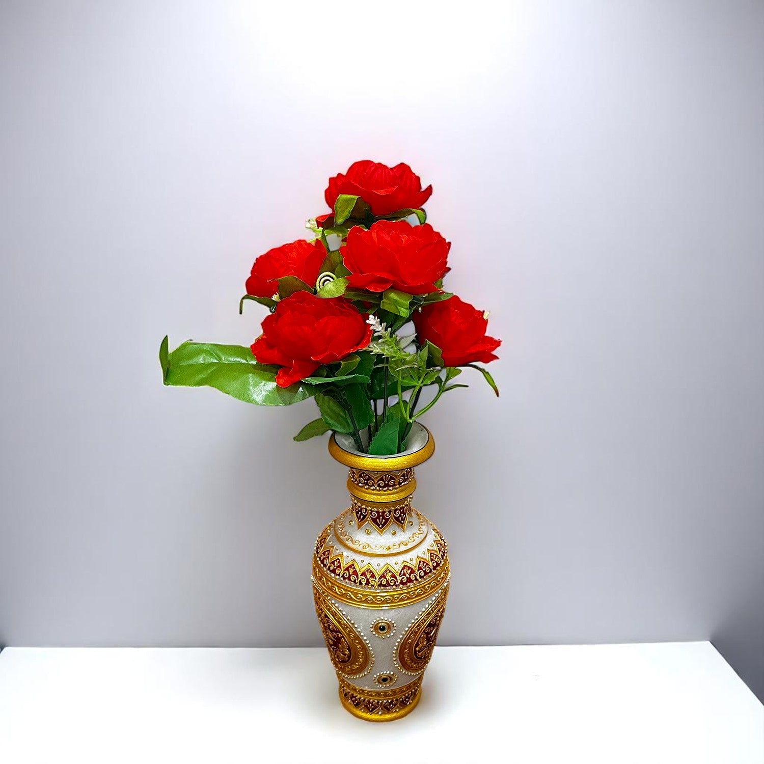 Artificial Flowers Rose Bunches for Vase Pot | Faux Flowers Stem - for Home Decor, Living Room, Office & Festivals Decoration (Vase Not Included) - 15 Inch - Apkamart #Colour_Red