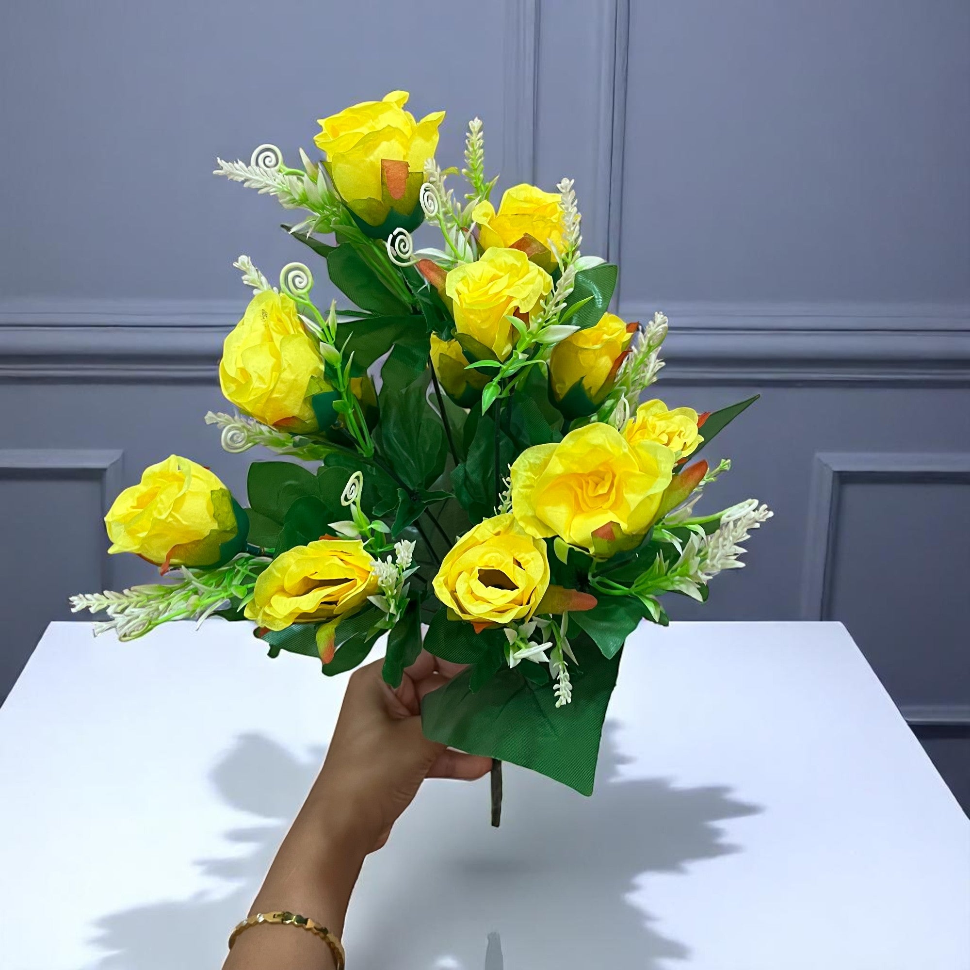 Artificial Flowers Rose | Faux Flowers Bunch - for Home Decor, Side Table, Centerpiece - 17 Inch - Apkamart #Colour_Yellow