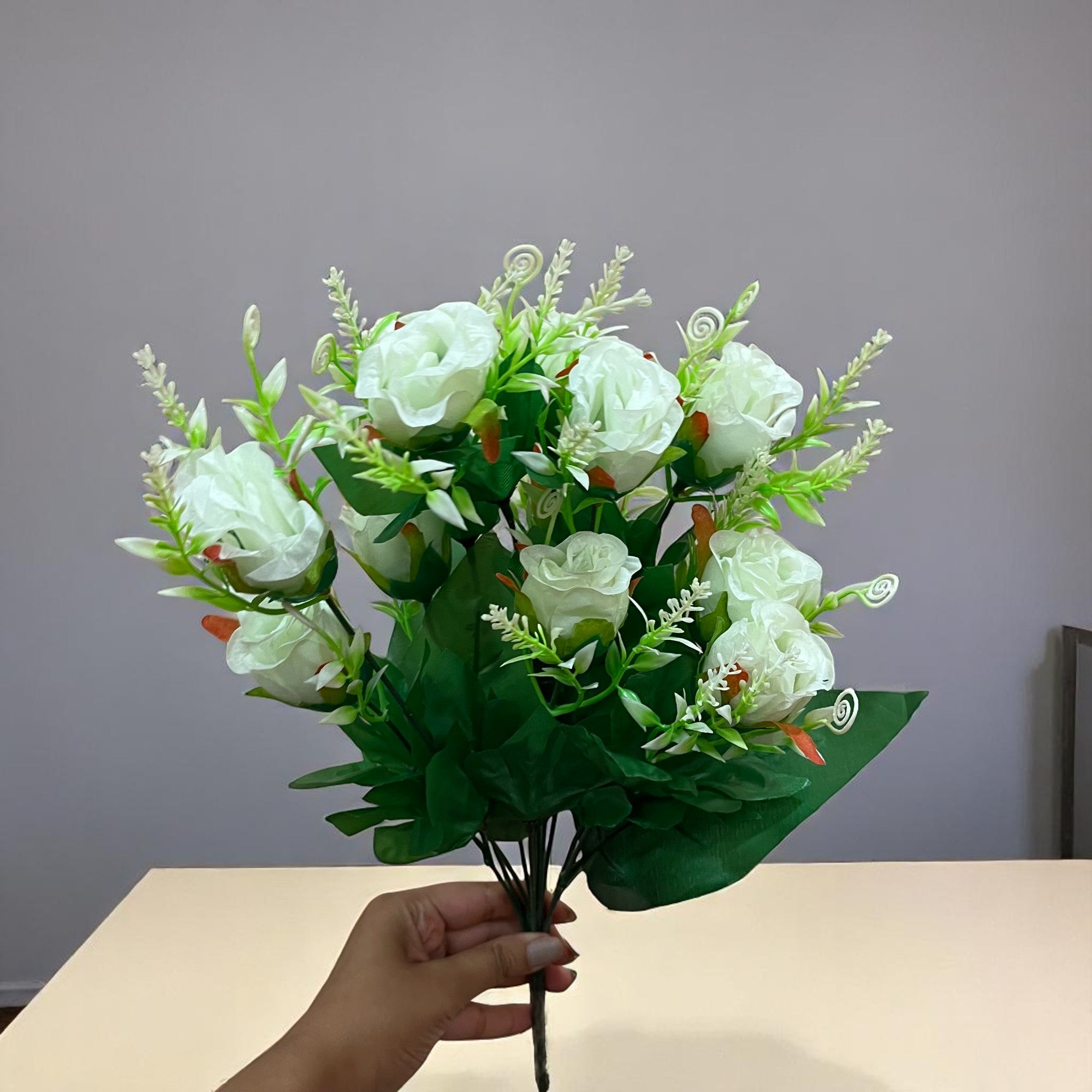 Artificial Flowers Rose | Faux Flowers Bunch - for Home Decor, Side Table, Centerpiece - 17 Inch - Apkamart #Colour_White