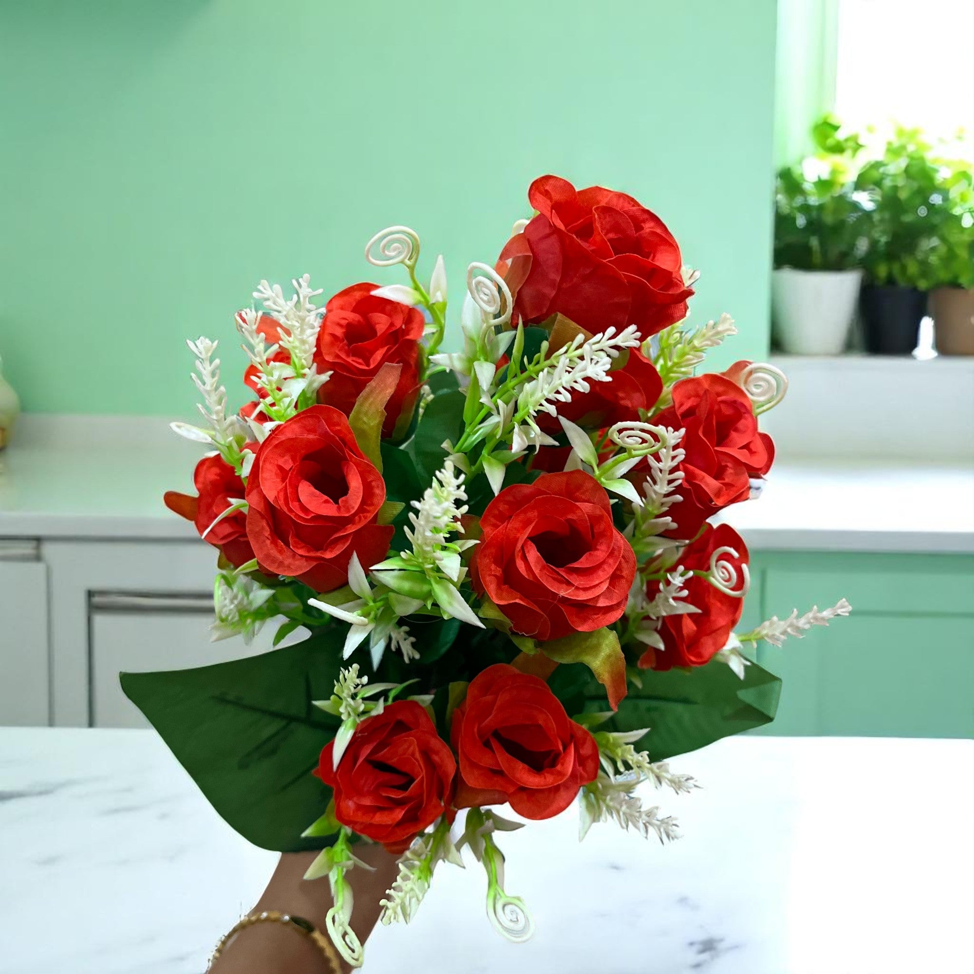 Artificial Flowers Rose | Faux Flowers Bunch - for Home Decor, Side Table, Centerpiece - 17 Inch - Apkamart #Colour_Red