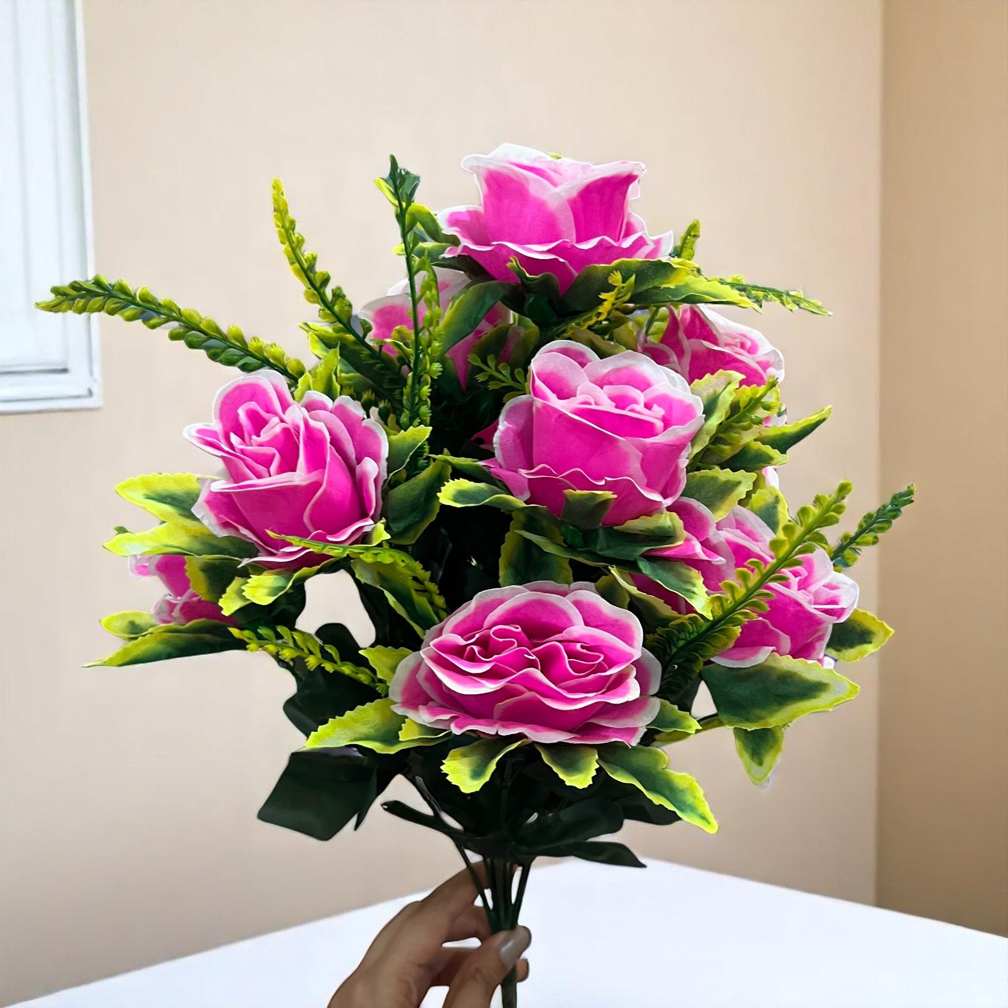 Artificial Flower Bouquet | Faux Rose Flowers Bunch - for Table Vase, Pot, Home Decor, Side Table - 16 Inch - Apkamart #Colour_Pink