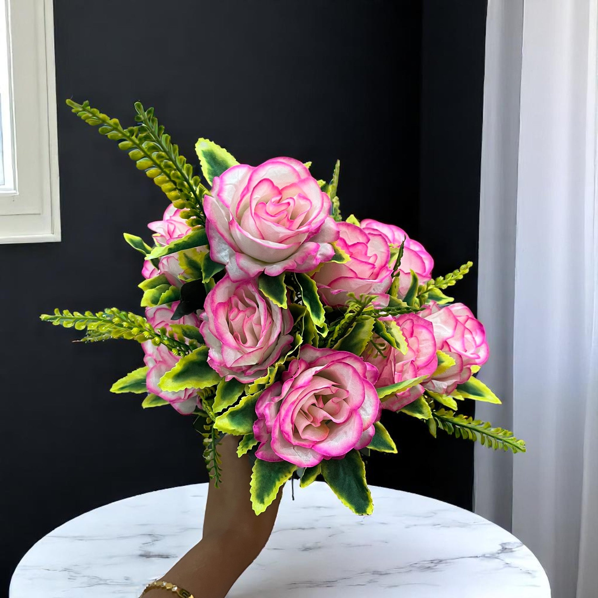 Artificial Flower Bouquet | Rose Fake Flowers Bunch - For Vase, Pot, Home, Bedroom, Balcony, Office Corner, Living Room - 16 Inch - Apkamart #Style_Design 1