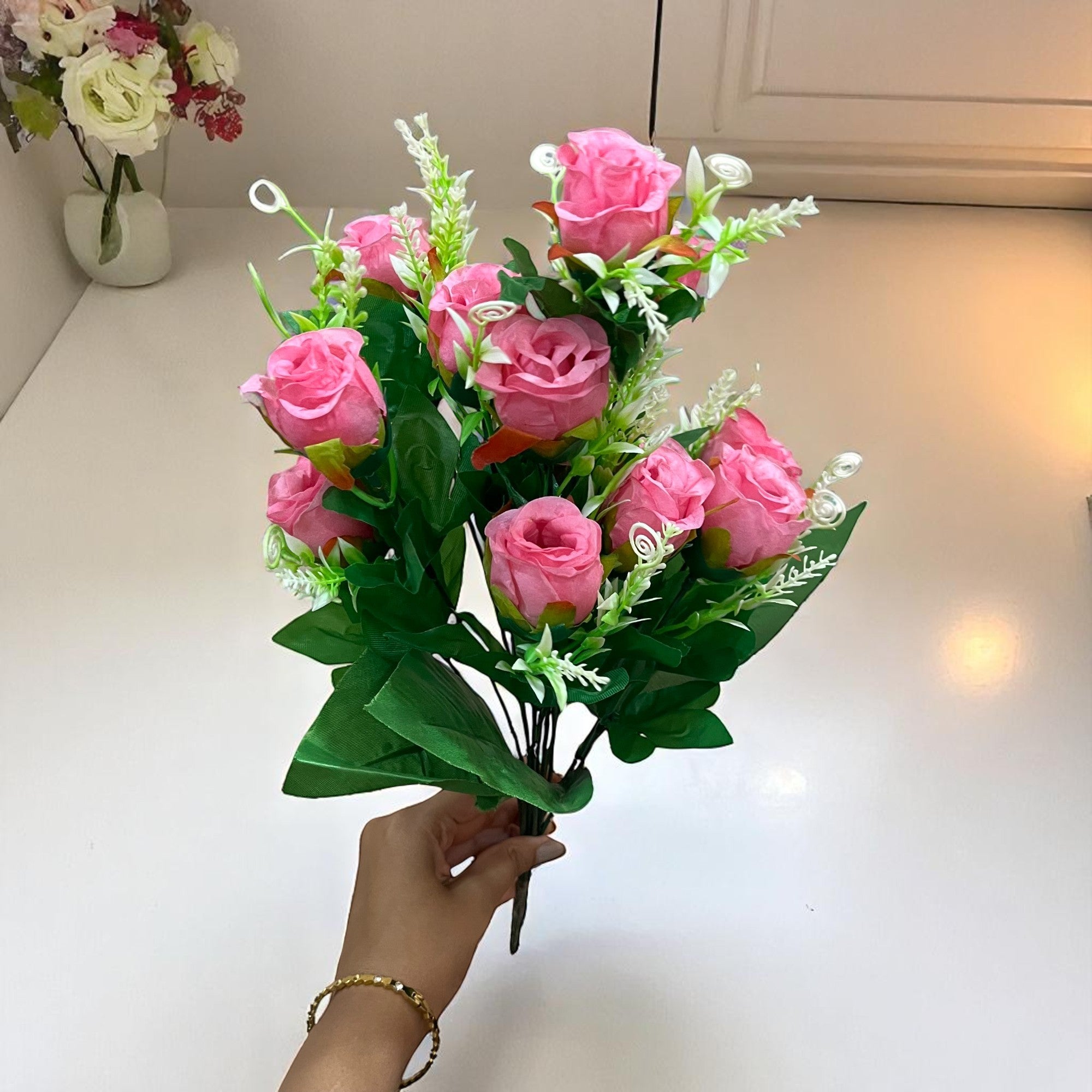 Artificial Flowers Rose | Faux Flowers Bunch - for Home Decor, Side Table, Centerpiece - 17 Inch - Apkamart #Colour_Pink