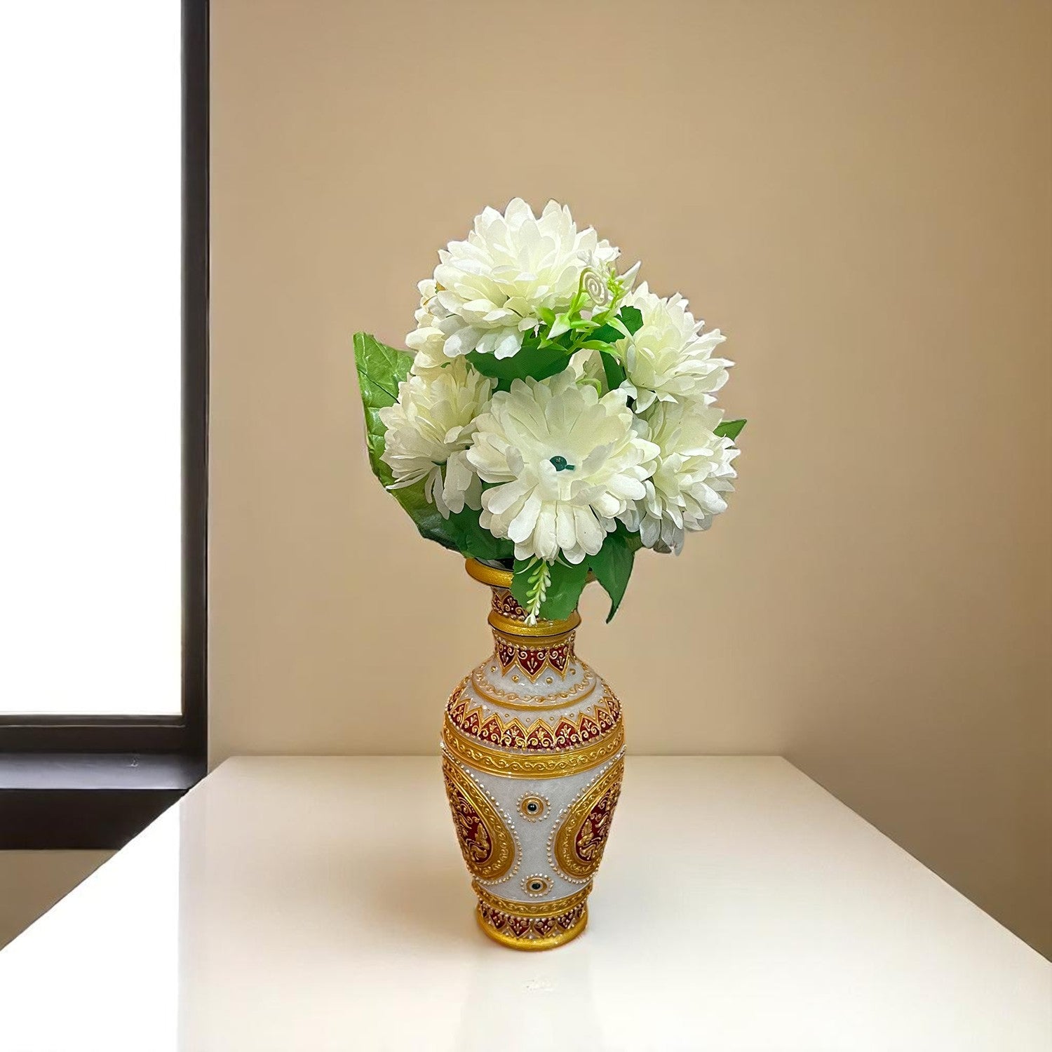 Artificial Flowers Dahlia Bunches for Vase Pot | Faux Flowers Stick - for Home Decor, Living Room, Wedding & Party Decoration (Vase Not Included) - 14 Inch - Apkamart #Colour_White