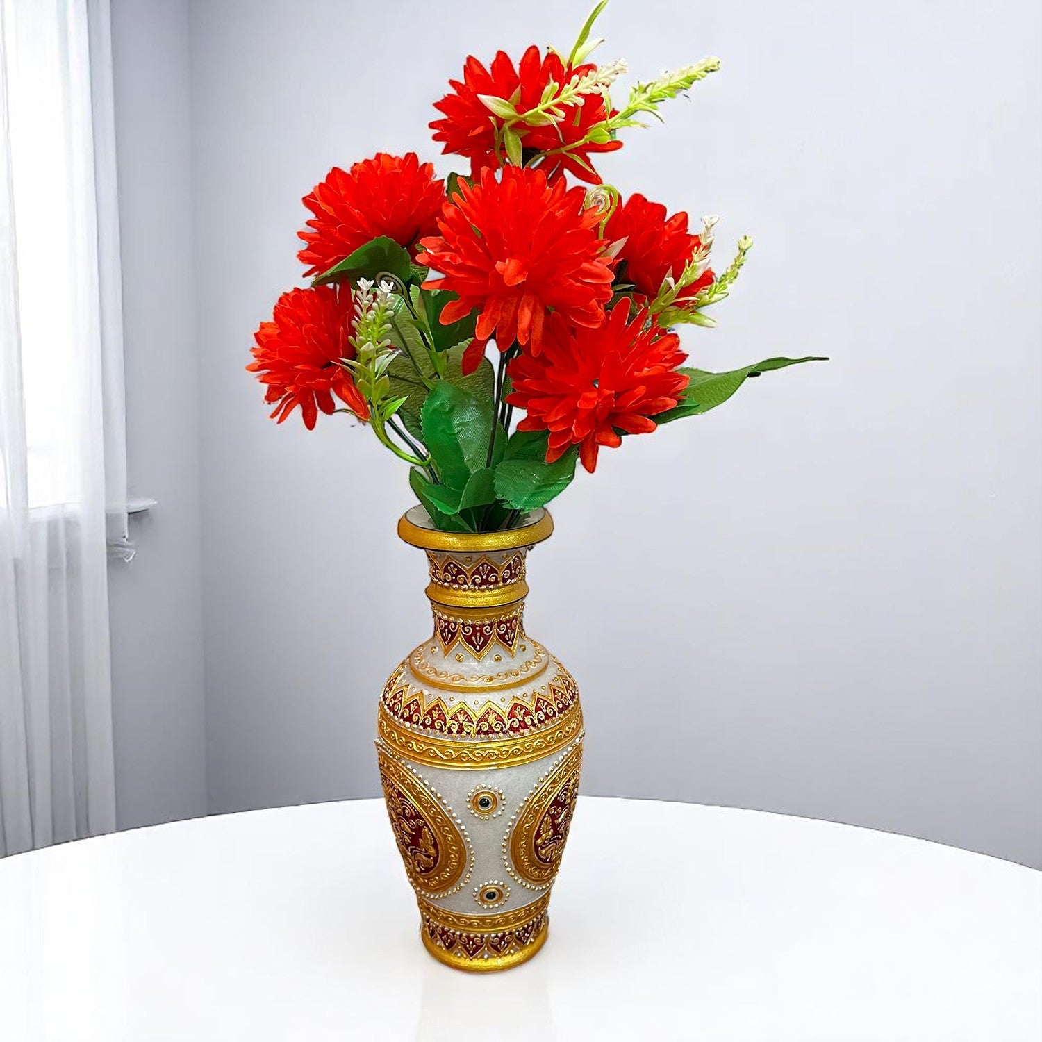 Artificial Flowers Dahlia Bunches for Vase Pot | Faux Flowers Stick - for Home Decor, Living Room, Wedding & Party Decoration (Vase Not Included) - 14 Inch - Apkamart #Colour_Red