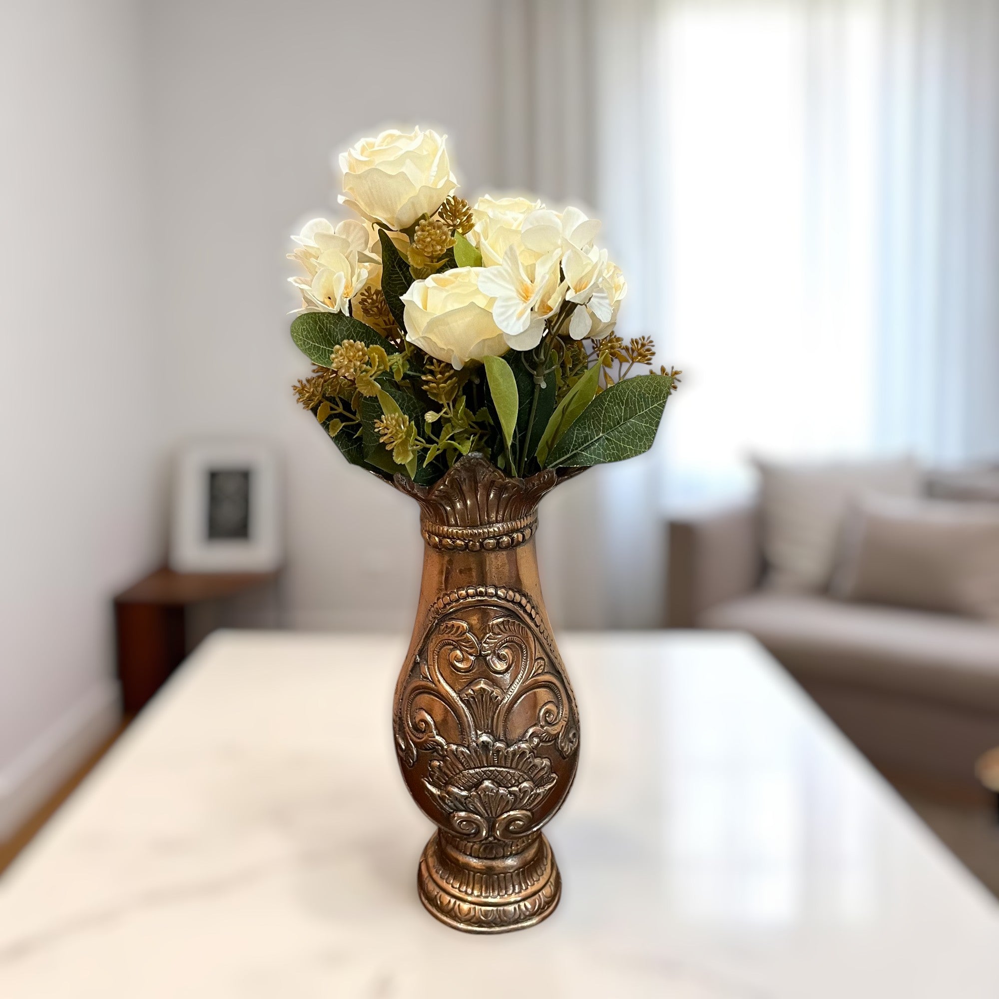 Artificial Flowers | Faux Flowers Rose Bunch - for Home Decor, Living Room, Office, Centerpiece - 15 Inch - Apkamart #Colour_White