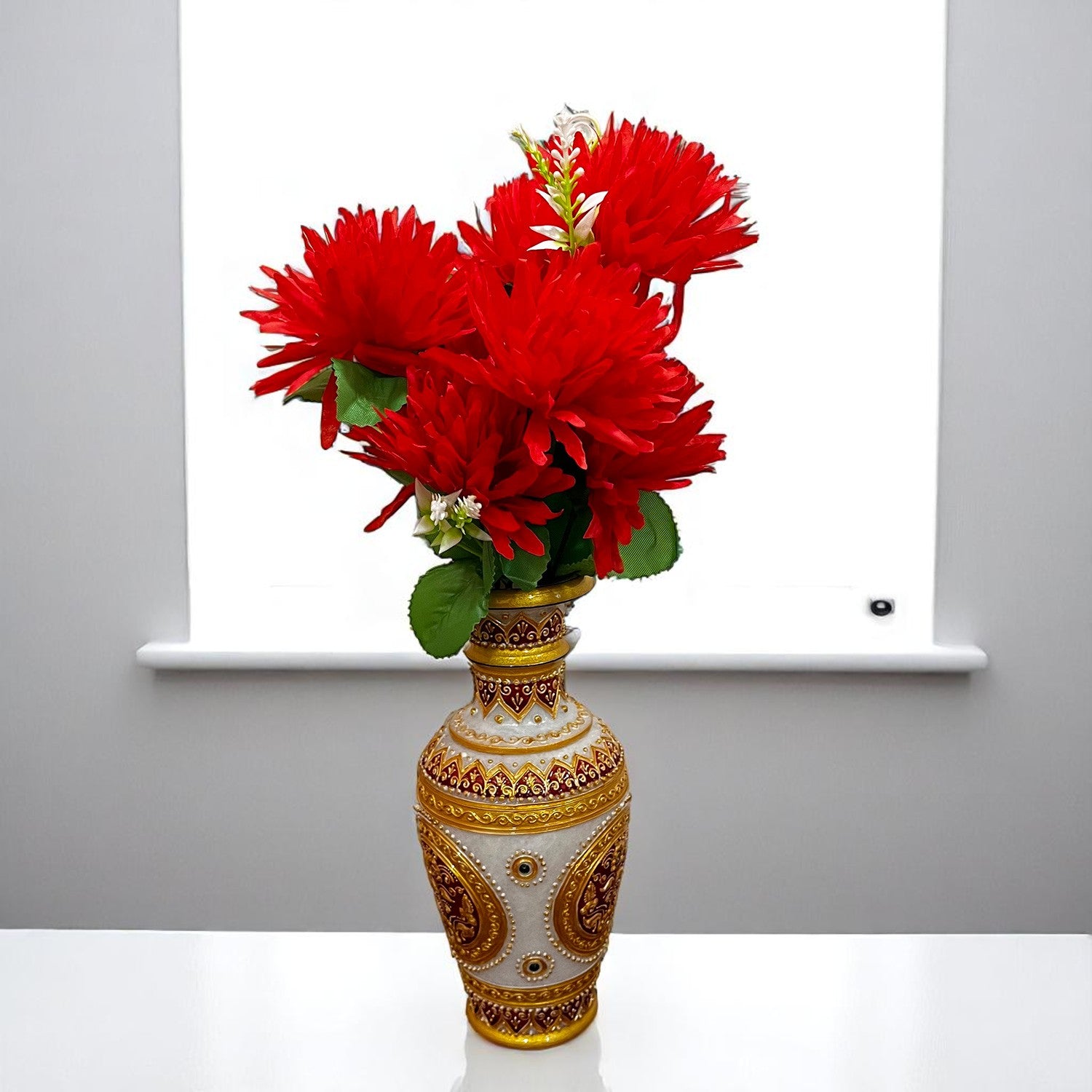 Artificial Flowers Dahlia Bunches for Vase Pot | Faux Flowers Stick - for Home Decor, Living Room, Wedding & Party Decoration  (Vase Not Included) - 15 Inch - Apkamart #Colour_Red