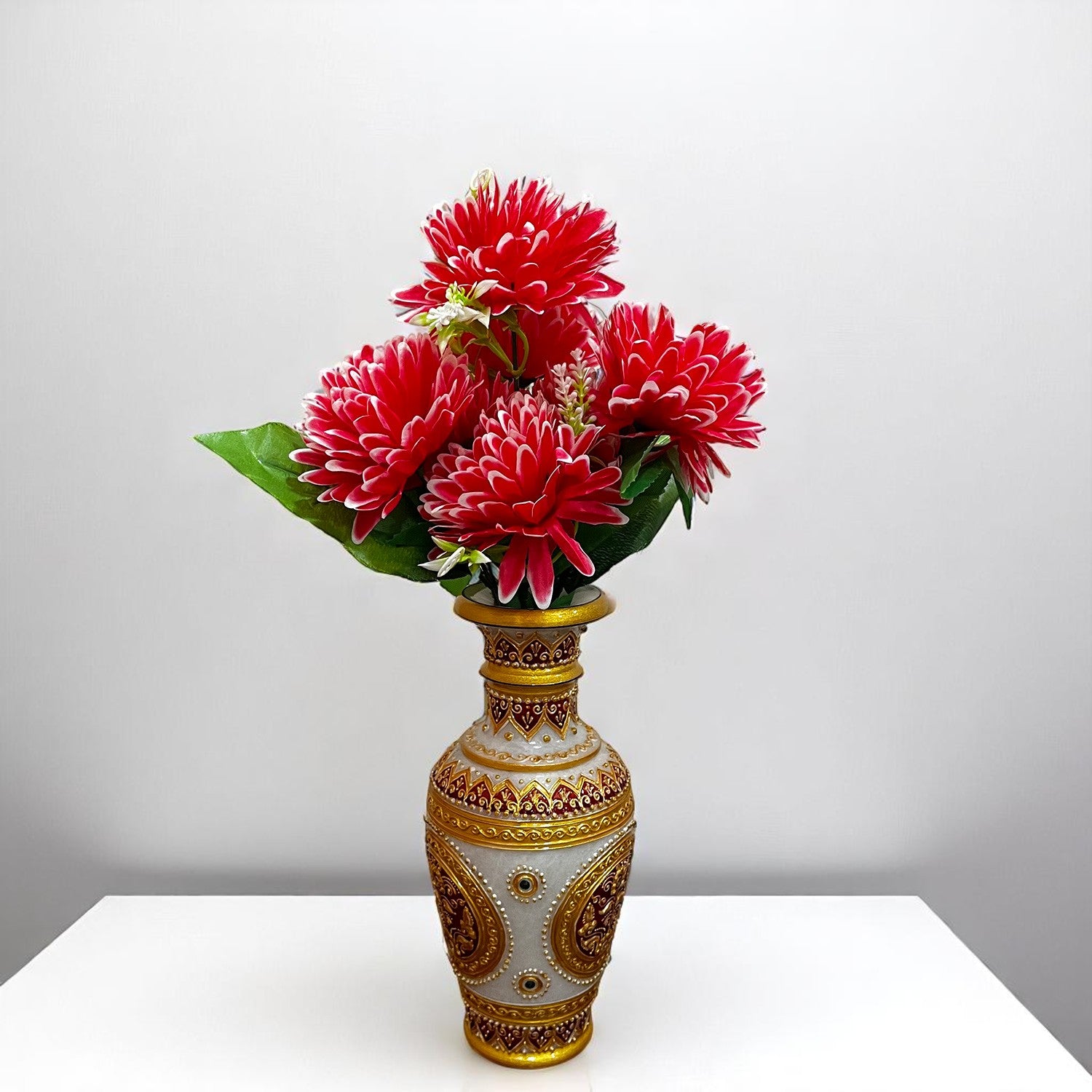 Artificial Flowers Dahlia Bunches for Vase Pot | Faux Flowers Stick - for Home Decor, Living Room, Wedding & Party Decoration (Vase Not Included) - 15 Inch - Apkamart #Colour_Red
