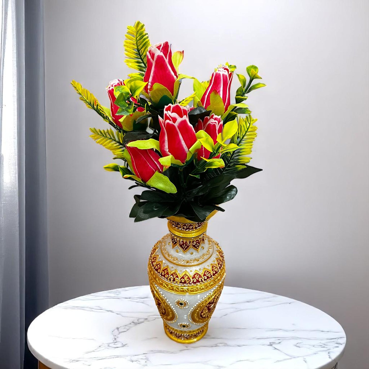 Artificial Flowers Rose Bunches for Vase Pot | Faux Flowers Stem - for Home Decor, Living Room, Office, Wedding & Party Decoration (Vase Not Included) - 14 Inch - Apkamart #Colour_Pink