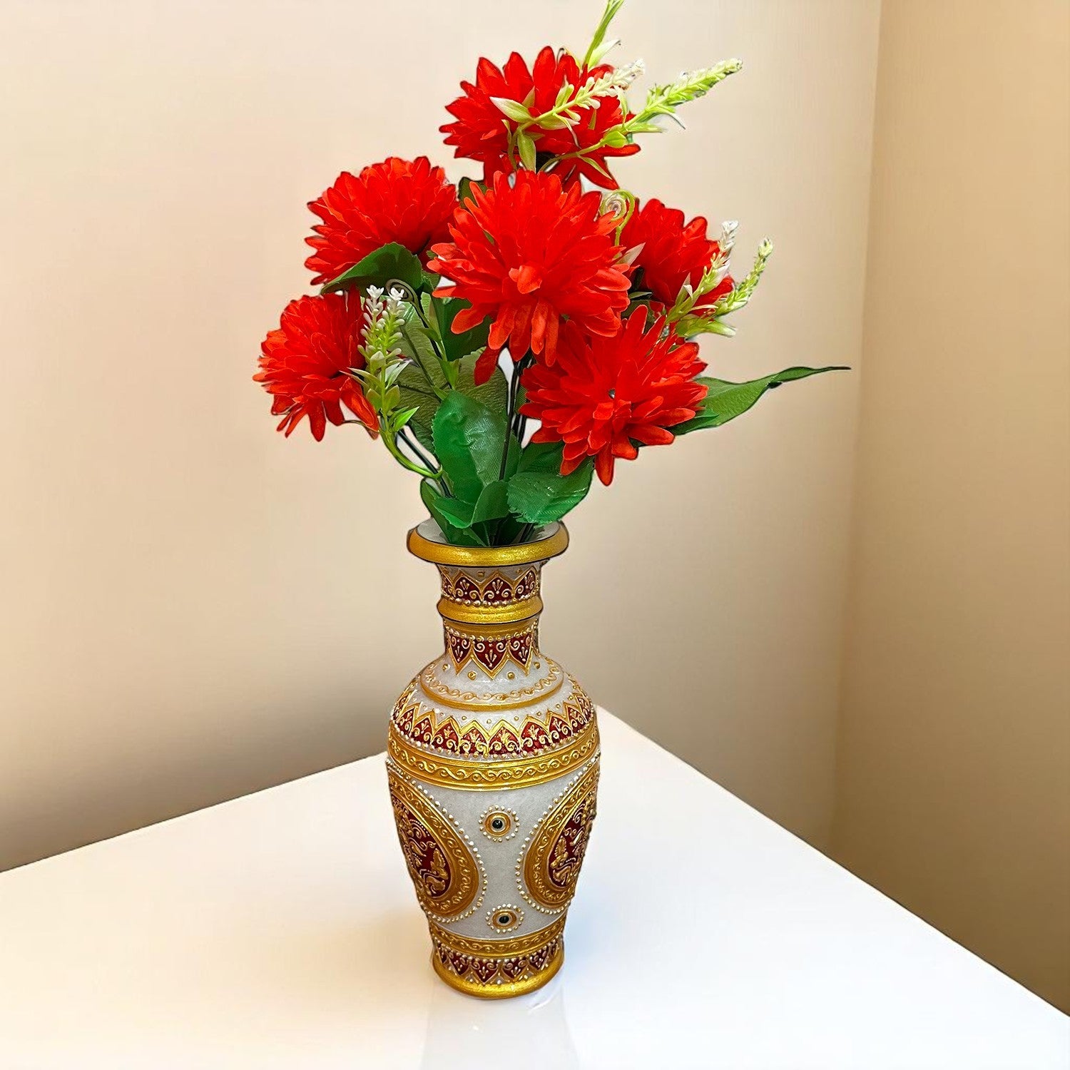 Artificial Flowers Dahlia Bunches for Vase Pot | Faux Flowers Stick - for Home Decor, Living Room, Wedding & Party Decoration (Vase Not Included) - 14 Inch - Apkamart #Colour_Red