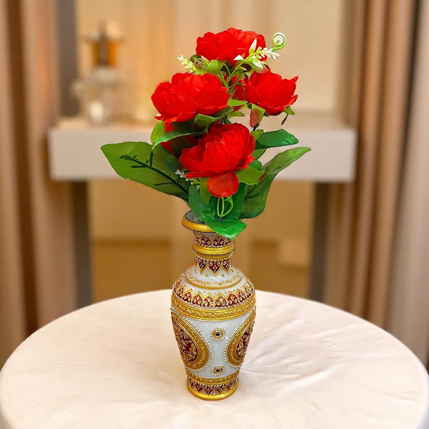 Artificial Flowers Rose Bunches for Vase Pot | Faux Flowers Stem - for Home Decor, Living Room, Office & Festivals Decoration (Vase Not Included) - 15 Inch - Apkamart #Colour_Red