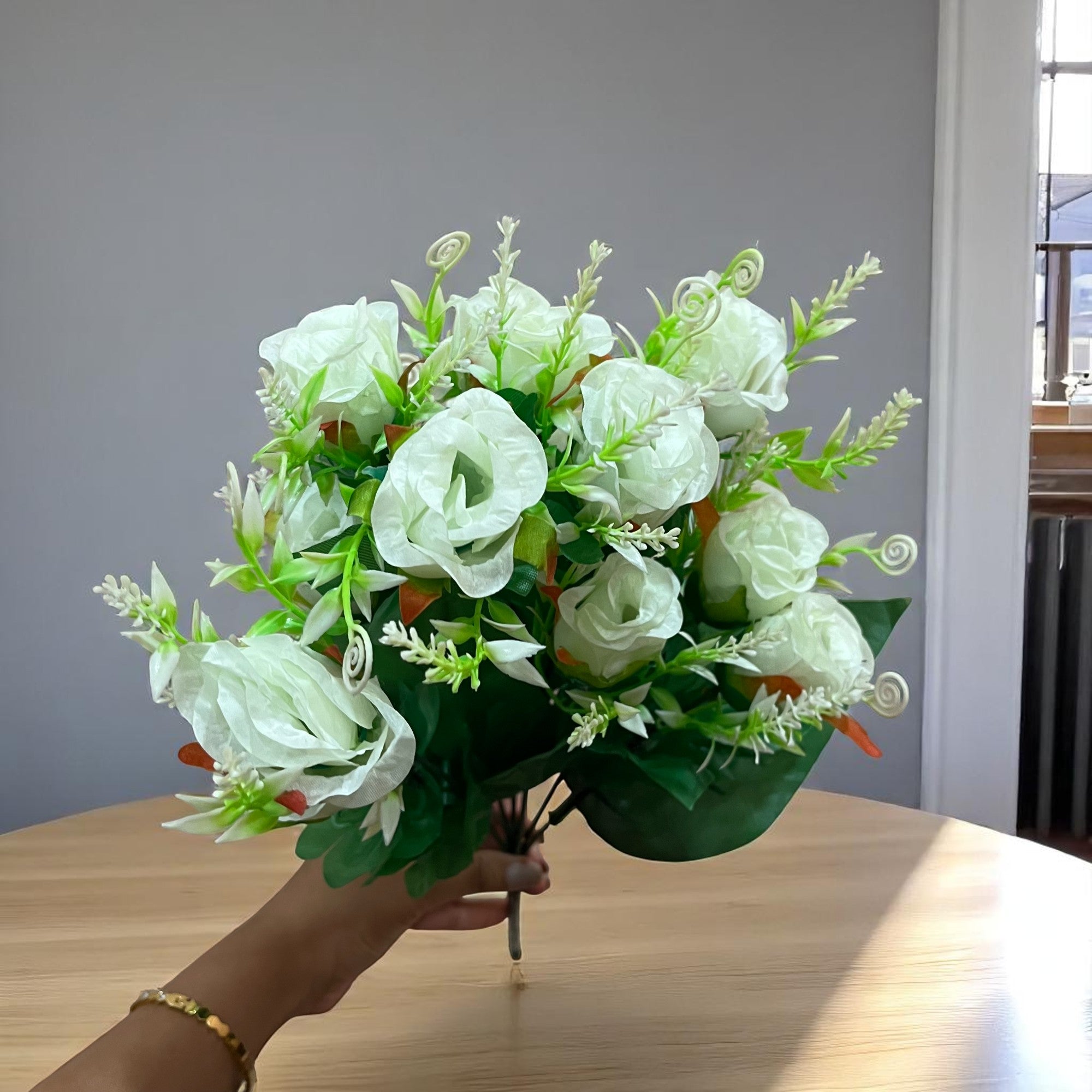 Artificial Flowers Rose | Faux Flowers Bunch - for Home Decor, Side Table, Centerpiece - 17 Inch - Apkamart #Colour_White