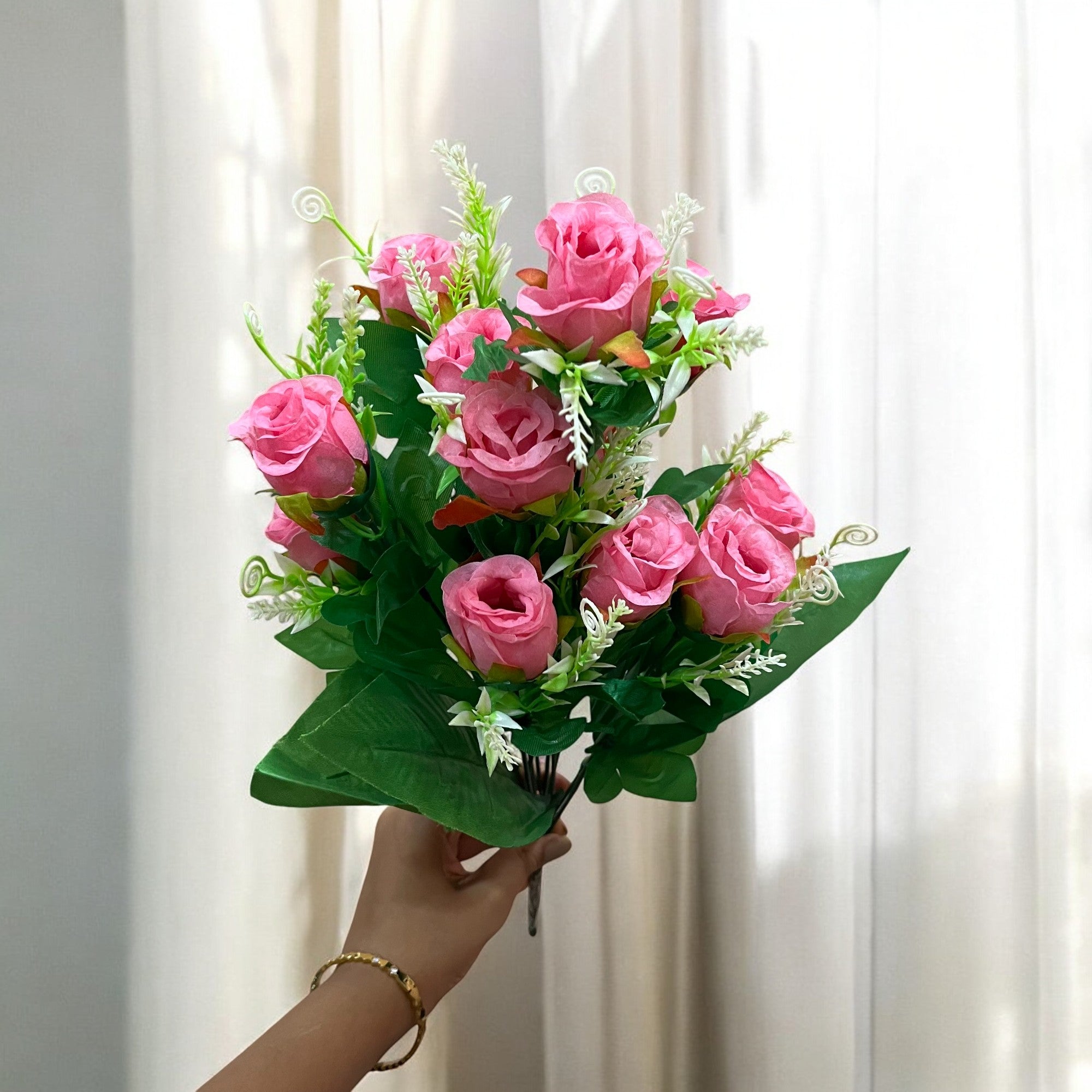 Artificial Flowers Rose | Faux Flowers Bunch - for Home Decor, Side Table, Centerpiece - 17 Inch - Apkamart #Colour_Pink