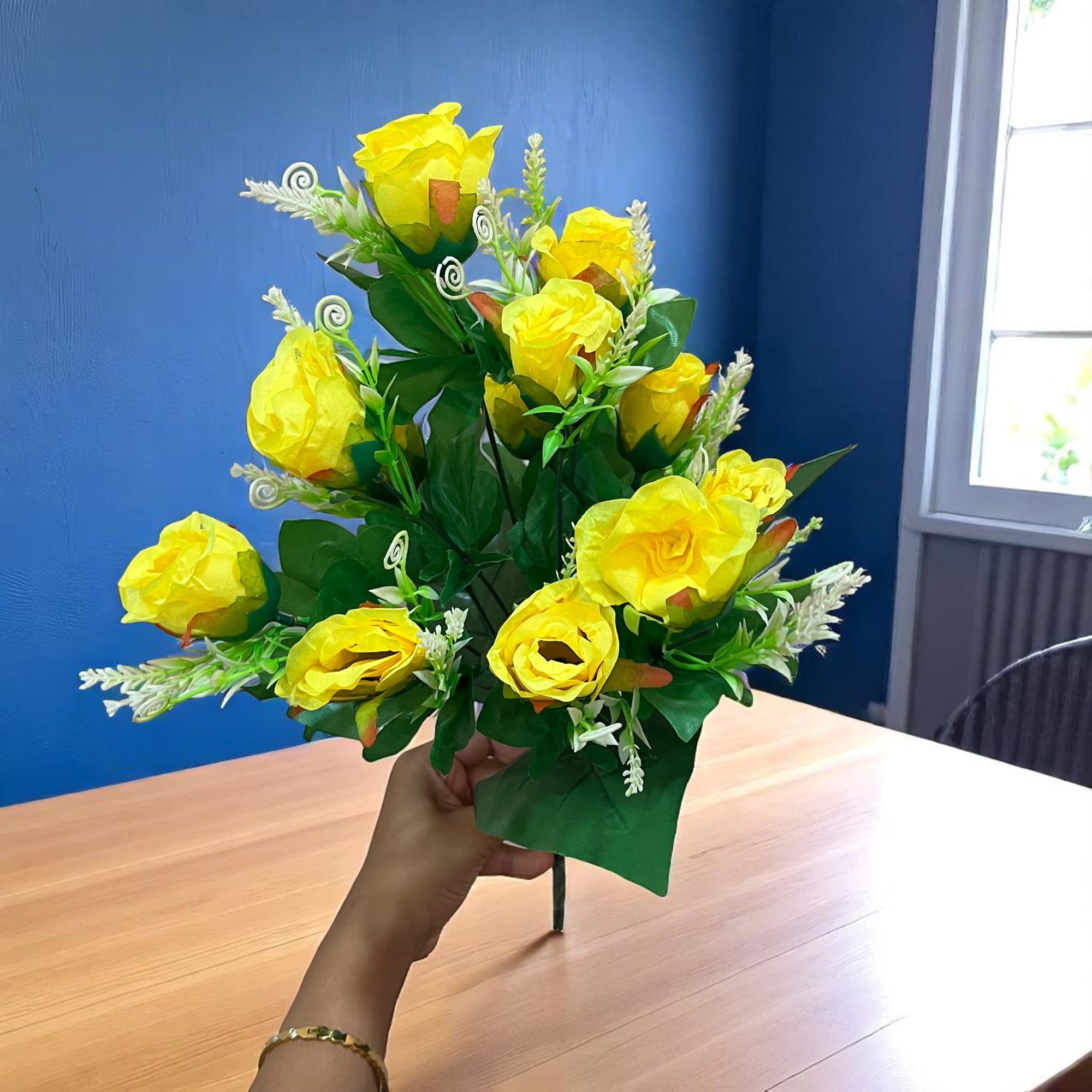 Artificial Flowers Rose | Faux Flowers Bunch - for Home Decor, Side Table, Centerpiece - 17 Inch - Apkamart #Colour_Yellow