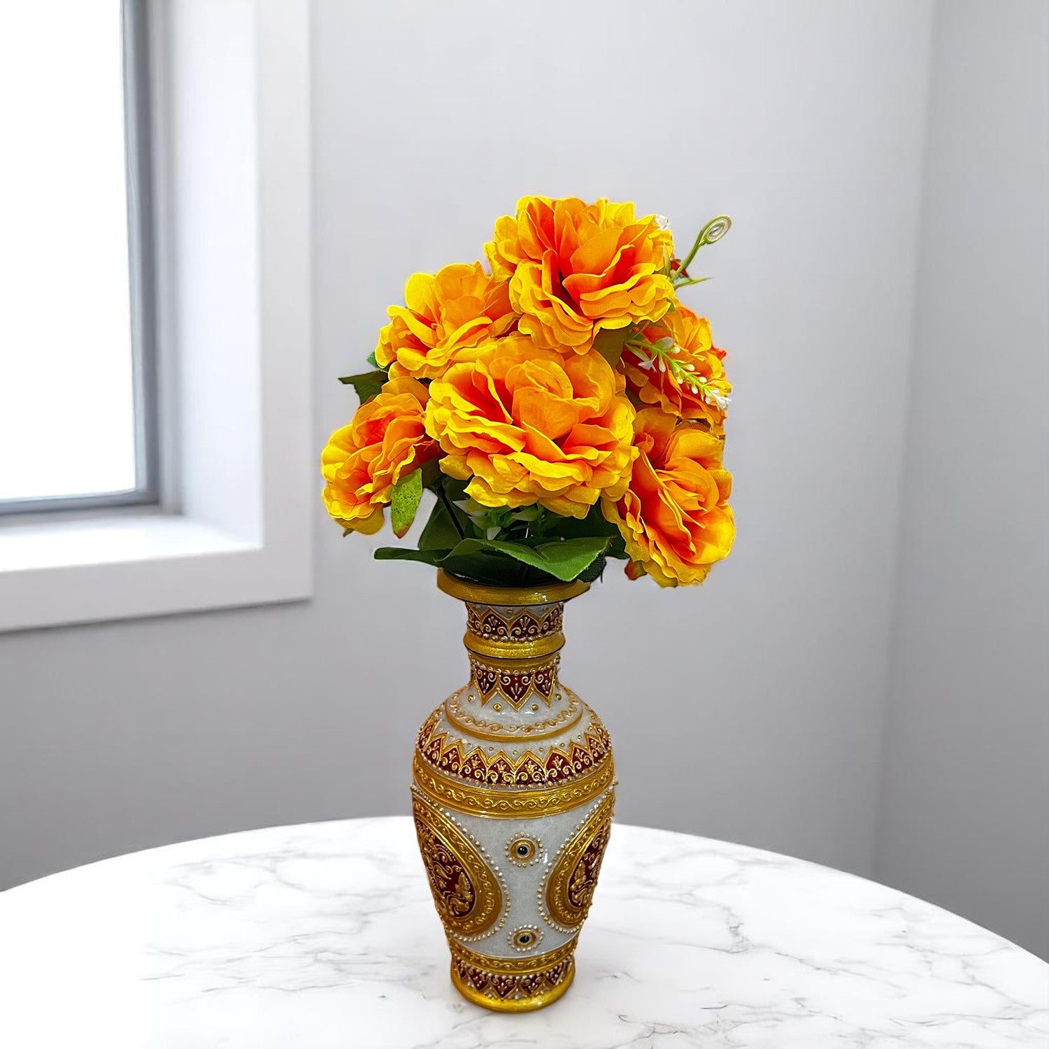 Artificial Flowers Rose Bunches for Vase Pot | Faux Flowers Stem - for Home Decor, Living Room, Office & Festivals Decoration (Vase Not Included) - 15 Inch - Apkamart #Colour_Orange