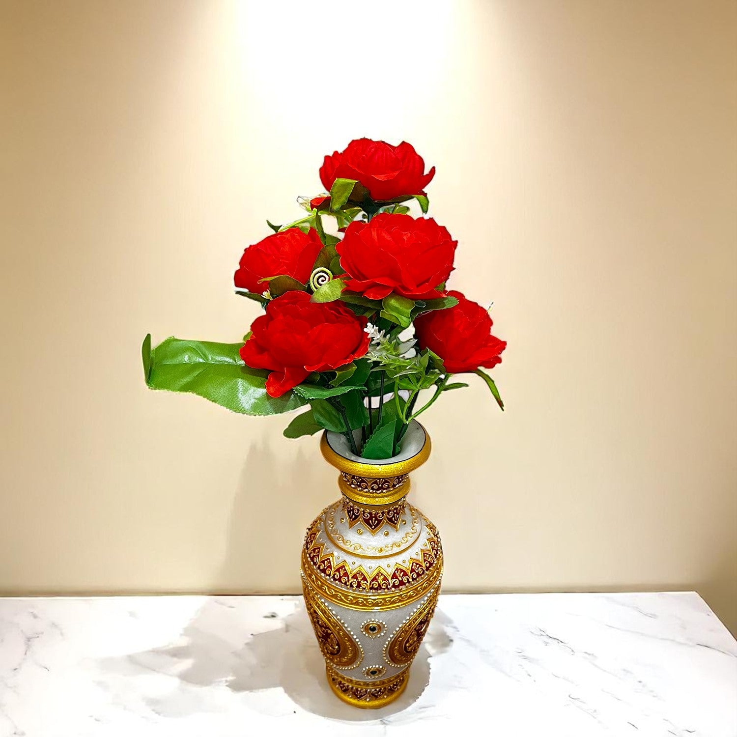 Artificial Flowers Rose Bunches for Vase Pot | Faux Flowers Stem - for Home Decor, Living Room, Office & Festivals Decoration (Vase Not Included) - 15 Inch - Apkamart #Colour_Red