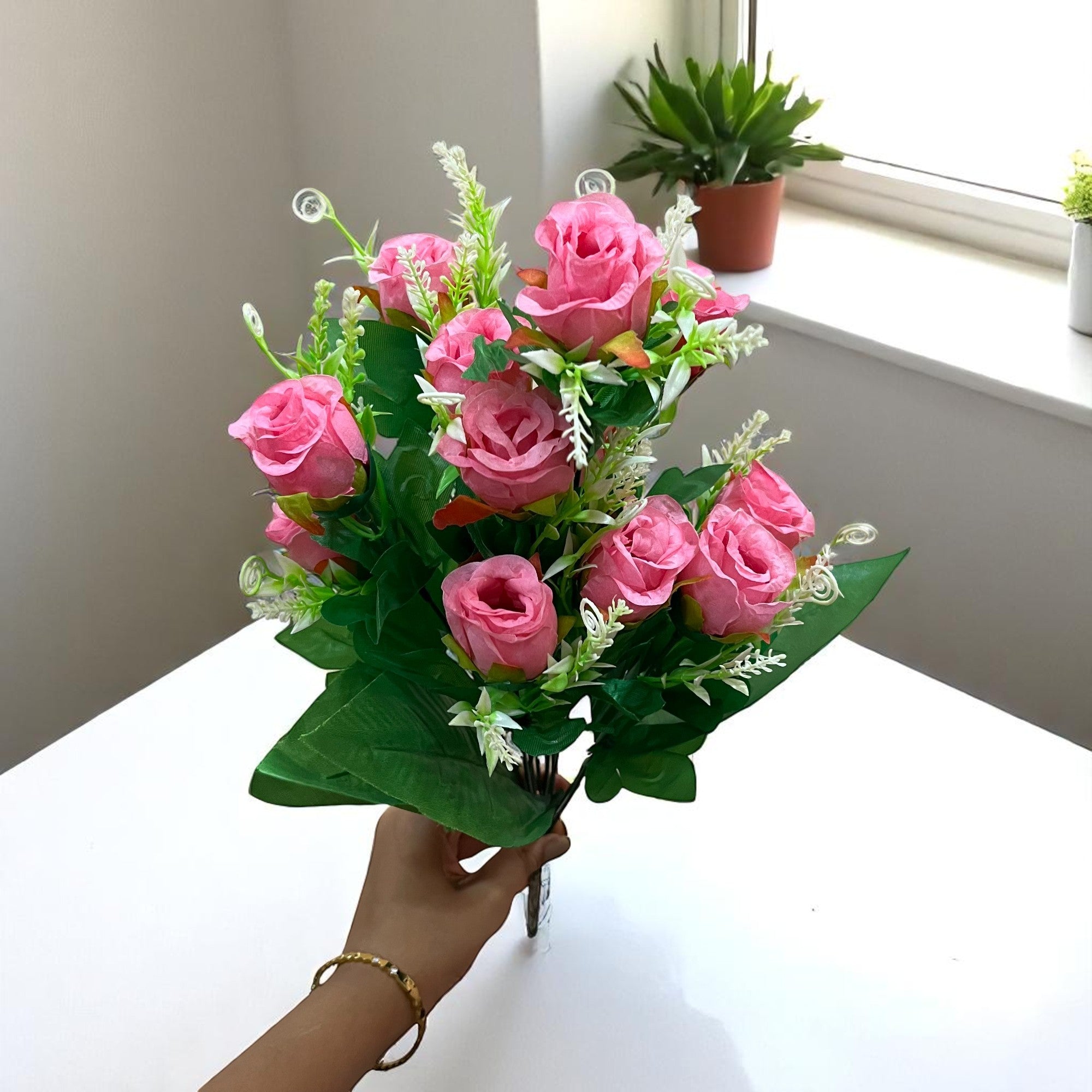 Artificial Flowers Rose | Faux Flowers Bunch - for Home Decor, Side Table, Centerpiece - 17 Inch - Apkamart #Colour_Pink