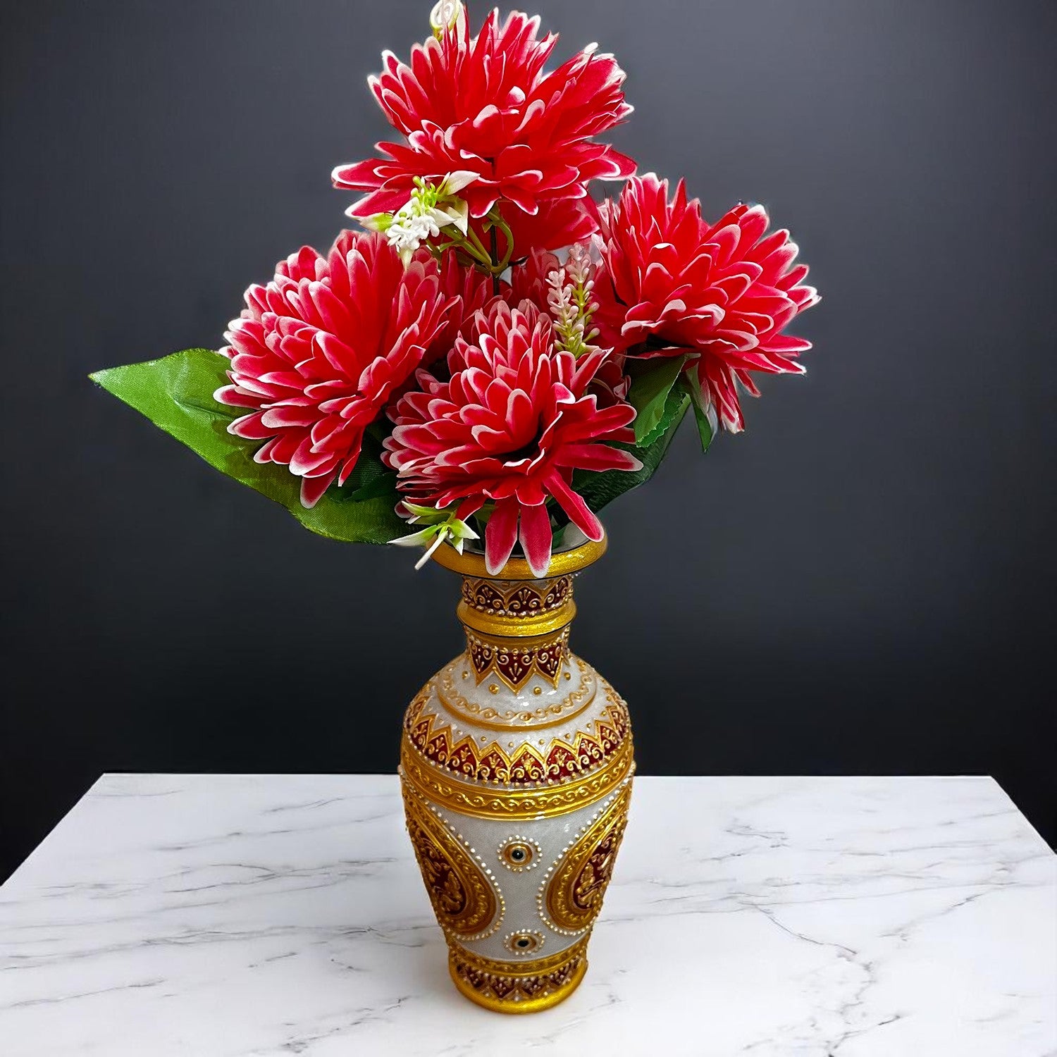 Artificial Flowers Dahlia Bunches for Vase Pot | Faux Flowers Stick - for Home Decor, Living Room, Wedding & Party Decoration (Vase Not Included) - 15 Inch - Apkamart #Colour_Red