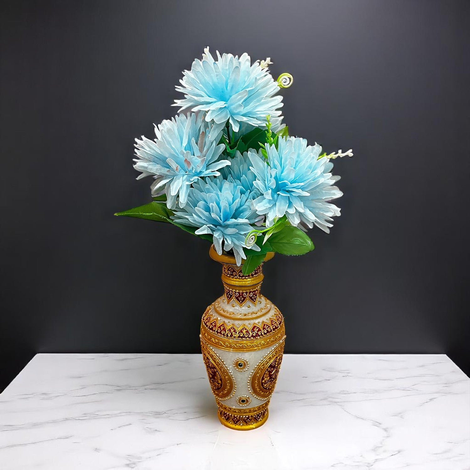 Artificial Flowers Dahlia Bunches for Vase Pot | Faux Flowers Stick - for Home Decor, Living Room, Wedding & Party Decoration (Vase Not Included) - 15 Inch - Apkamart #Colour_Blue